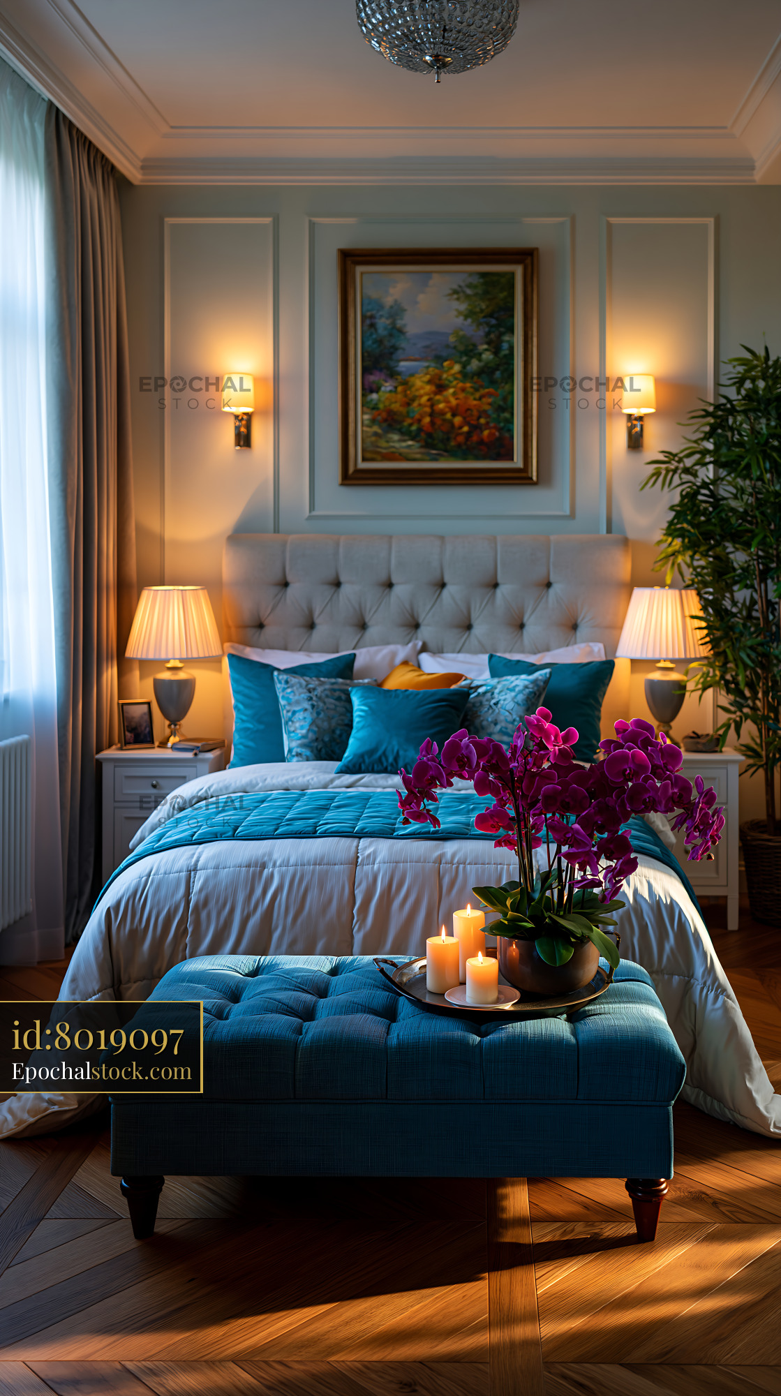 Watermarked full-resolution preview of Cozy bedroom with blue bedding and warm lighting