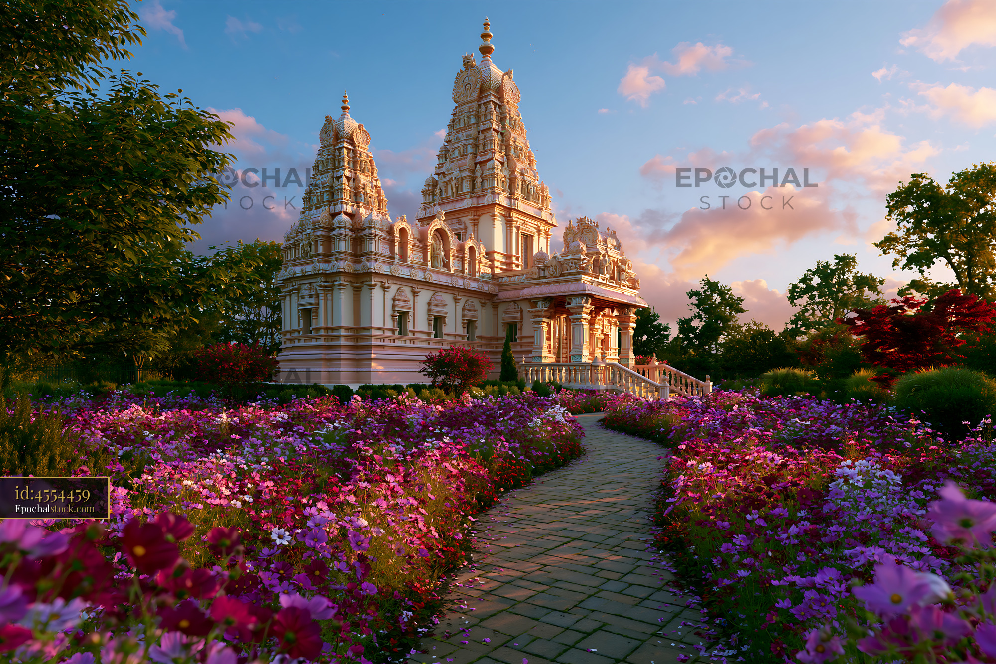 Watermarked full-resolution preview of Beautiful temple surrounded by flowers under a colorful sky