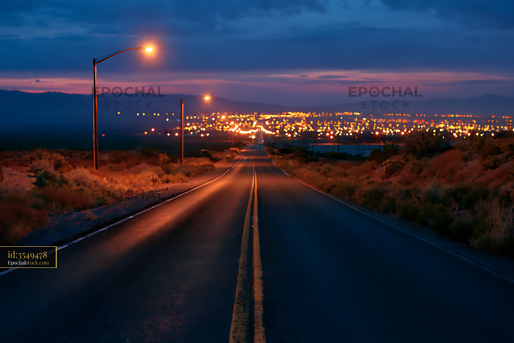 Watermarked full-resolution preview of Wet Road and Streetlights Overlooking City Lights