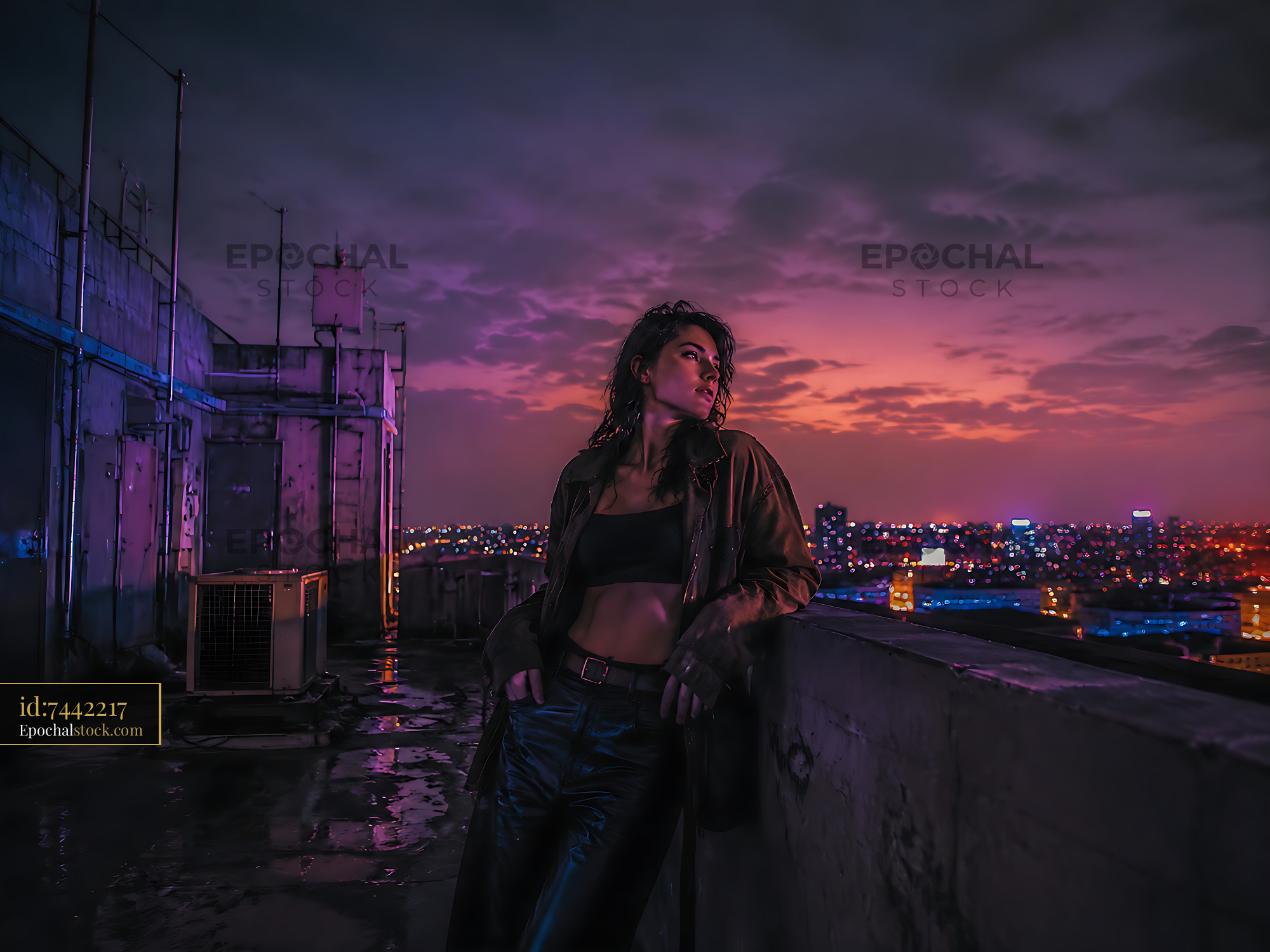 Watermarked full-resolution preview of Woman leaning against rooftop wall during sunset