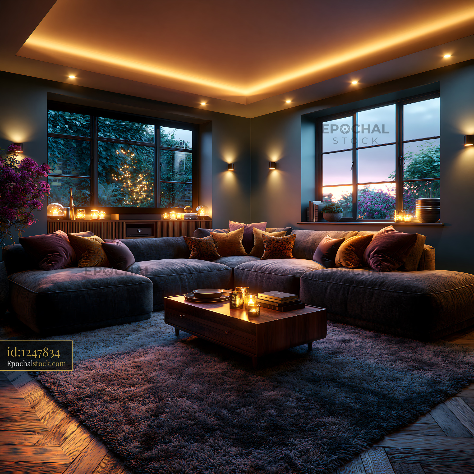 Watermarked full-resolution preview of Cozy living room with warm lighting at dusk