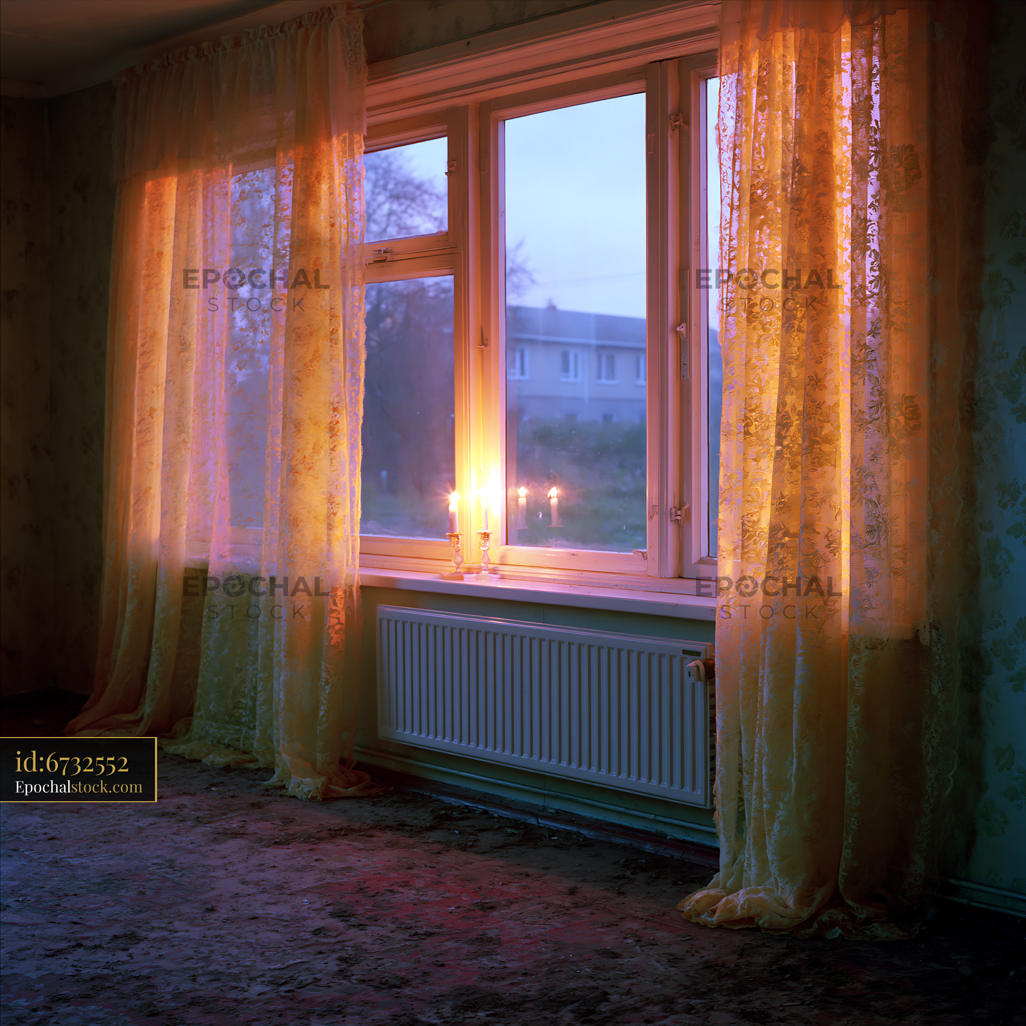 Watermarked full-resolution preview of Light coming through curtains in a quiet room at dusk