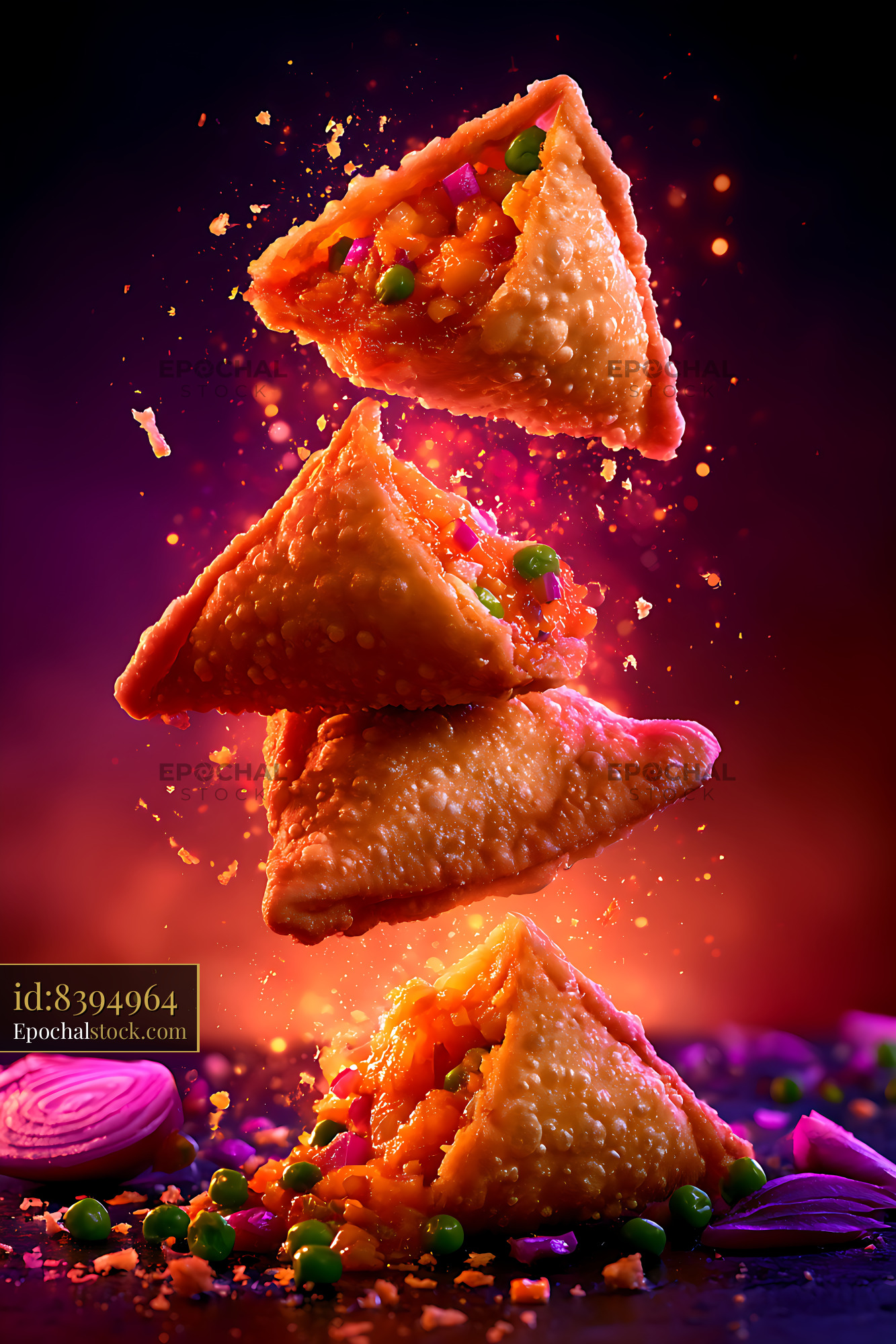 Watermarked full-resolution preview of Three samosas floating in the air with colorful ingredients around