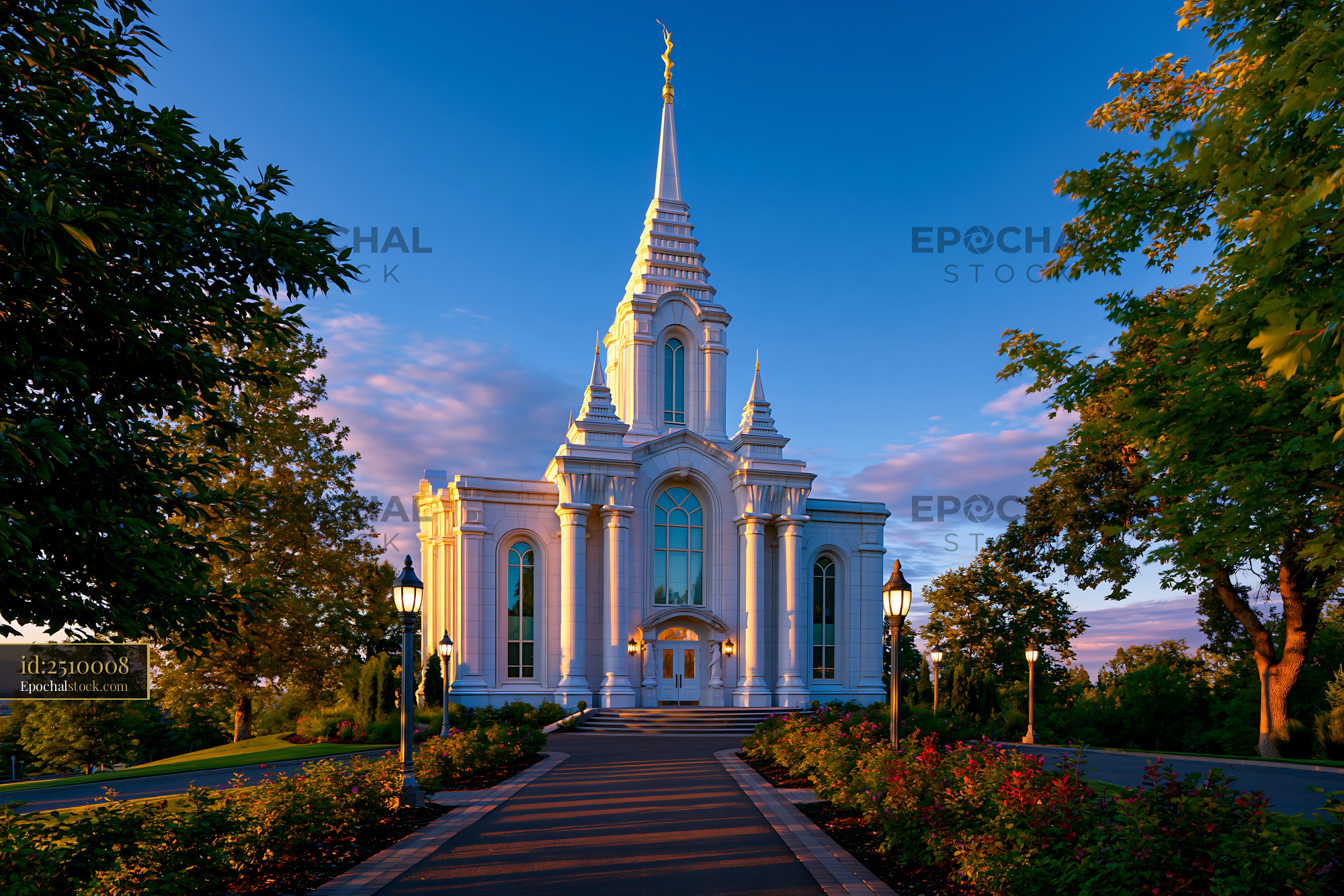 Watermarked full-resolution preview of Church building with tall spire and bright exterior at sunset