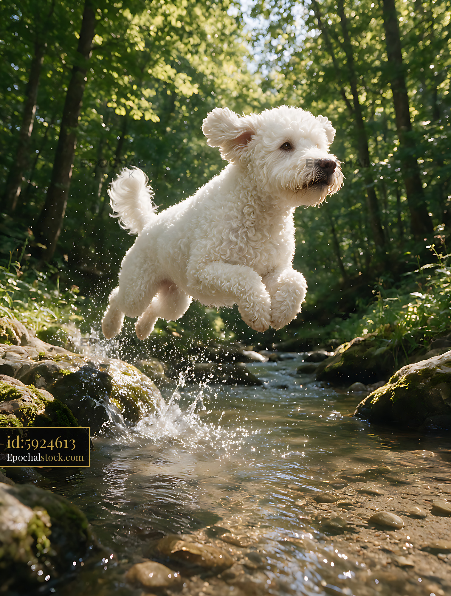 Watermarked full-resolution preview of White dog jumping through a sunlit woodland creek