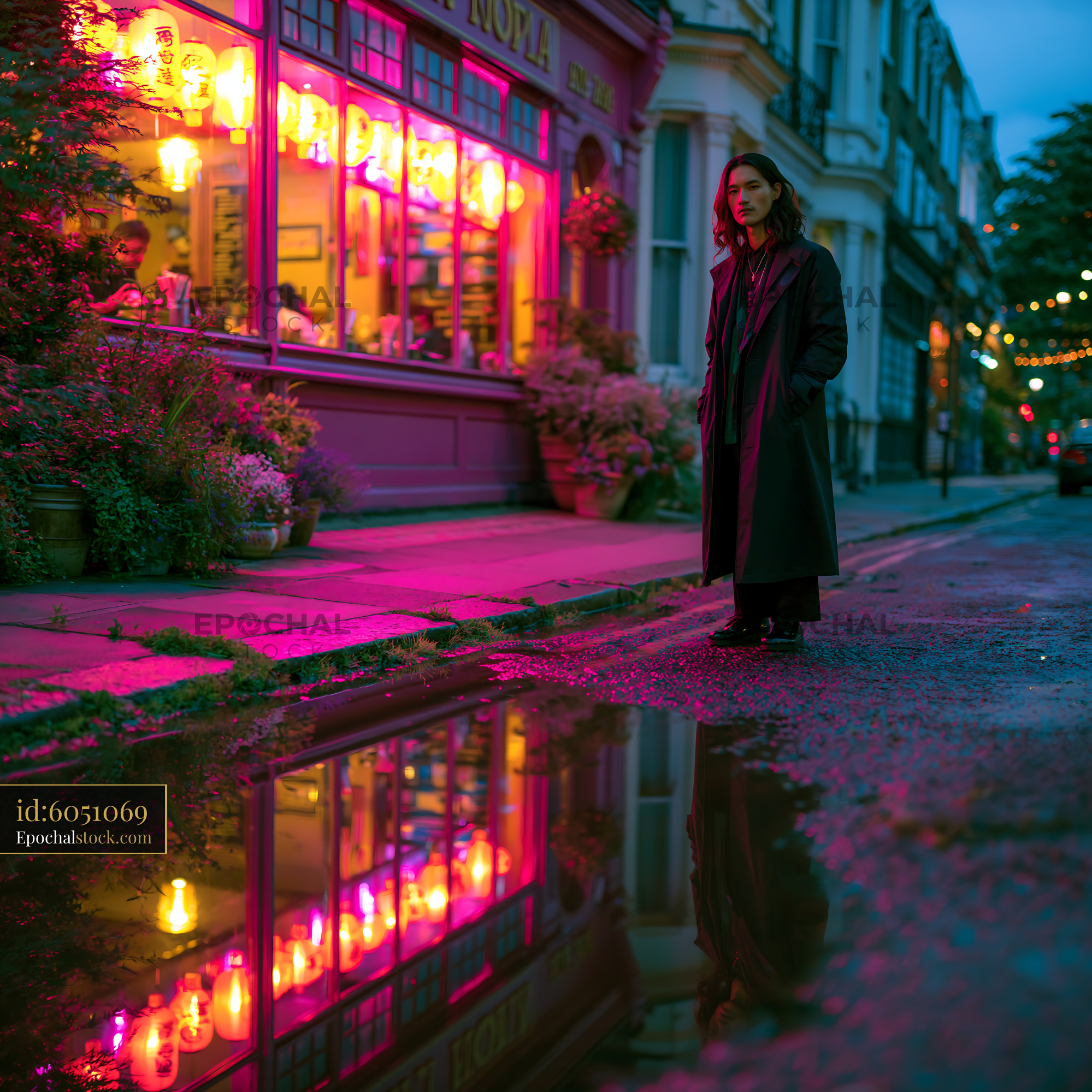 Watermarked full-resolution preview of Woman standing on street near colorful cafe at night