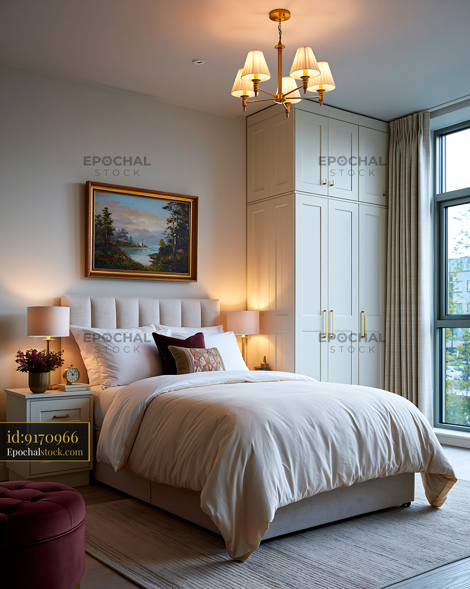 Watermarked full-resolution preview of Cozy bedroom with a comfortable bed and warm lighting