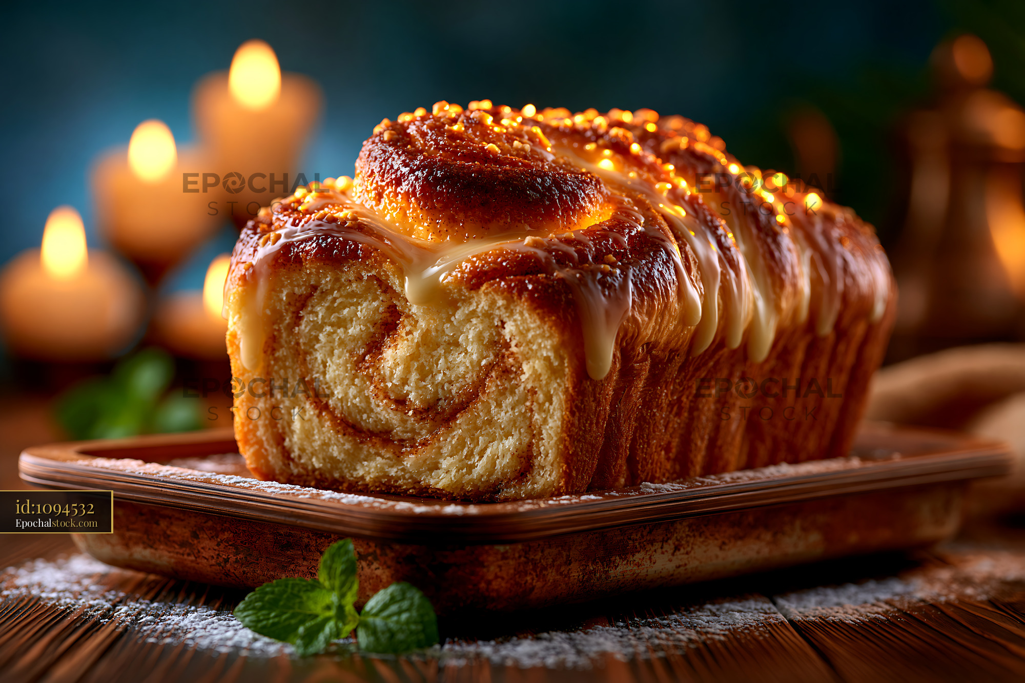 Watermarked full-resolution preview of Freshly baked sweet bread on wooden table near candles