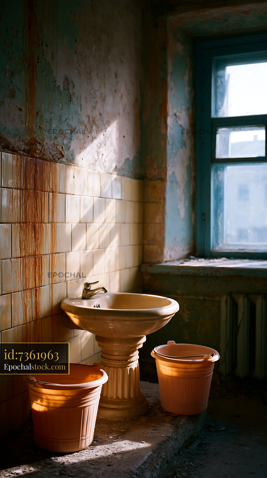 Watermarked full-resolution preview of Old bathroom with a sink and buckets in a sunlight room