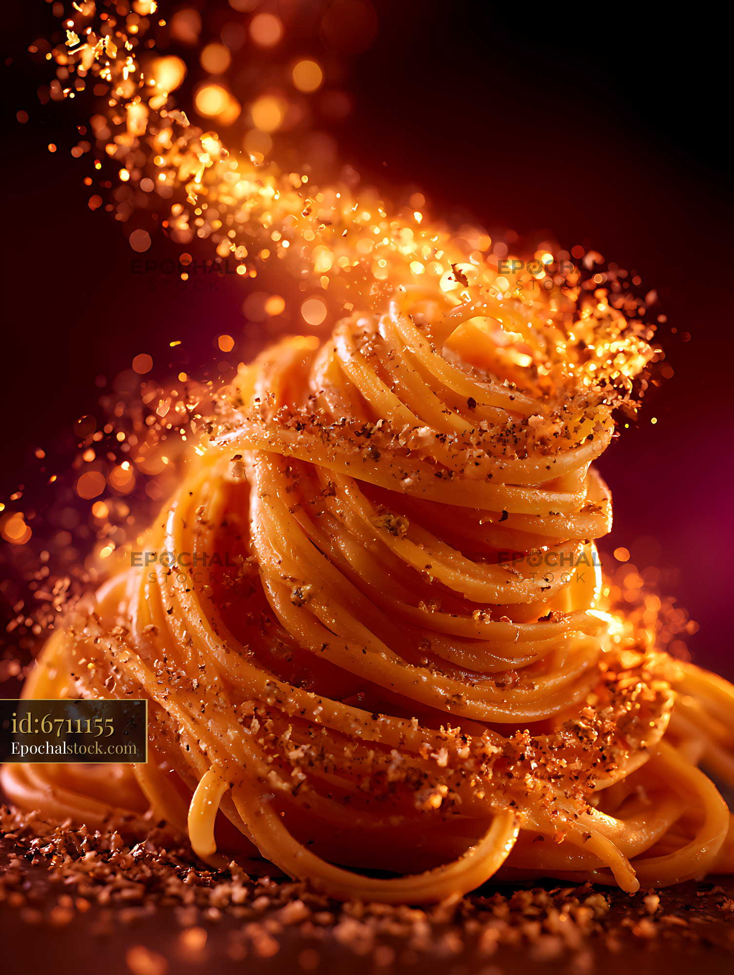 Watermarked full-resolution preview of Close-up spiral pasta nest with glowing particles