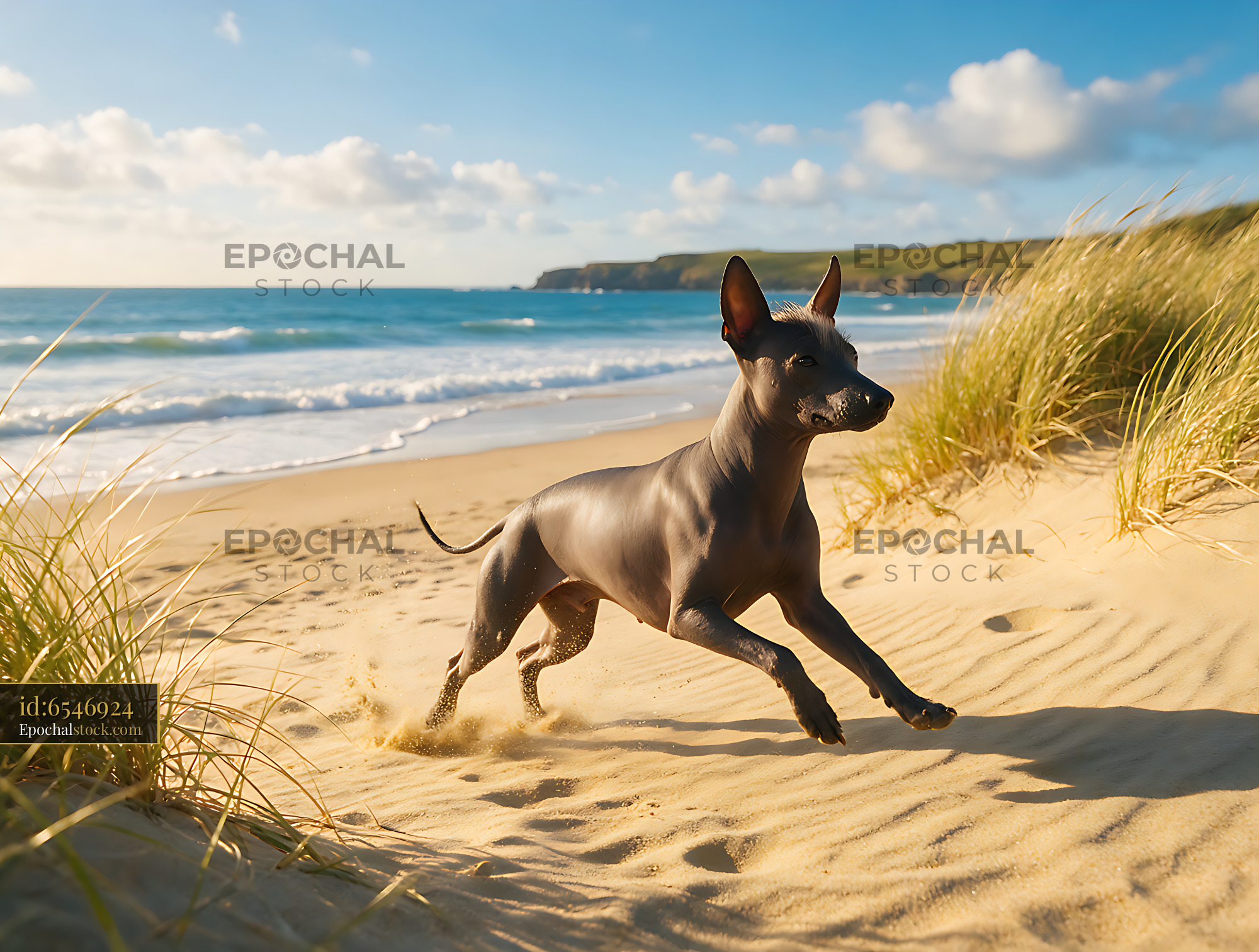 Watermarked full-resolution preview of Hairless dog sprinting across a bright coastal beach