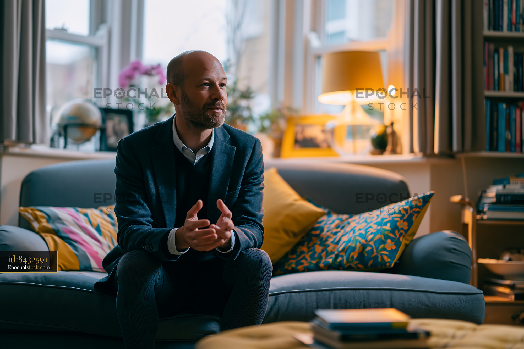 Watermarked full-resolution preview of Man sitting in living room engaging in conversation