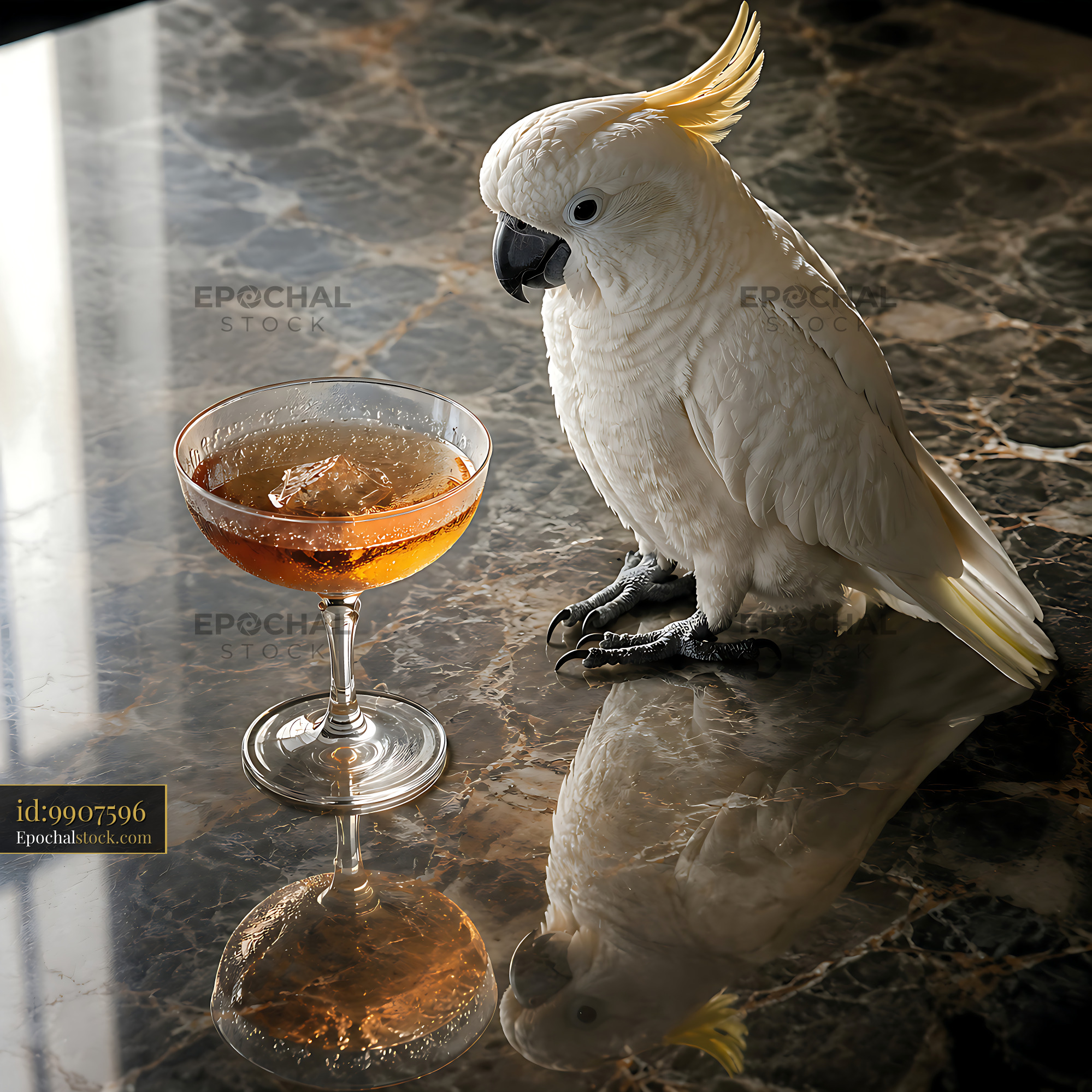 Watermarked full-resolution preview of Cockatoo sits beside a drink on a marble table
