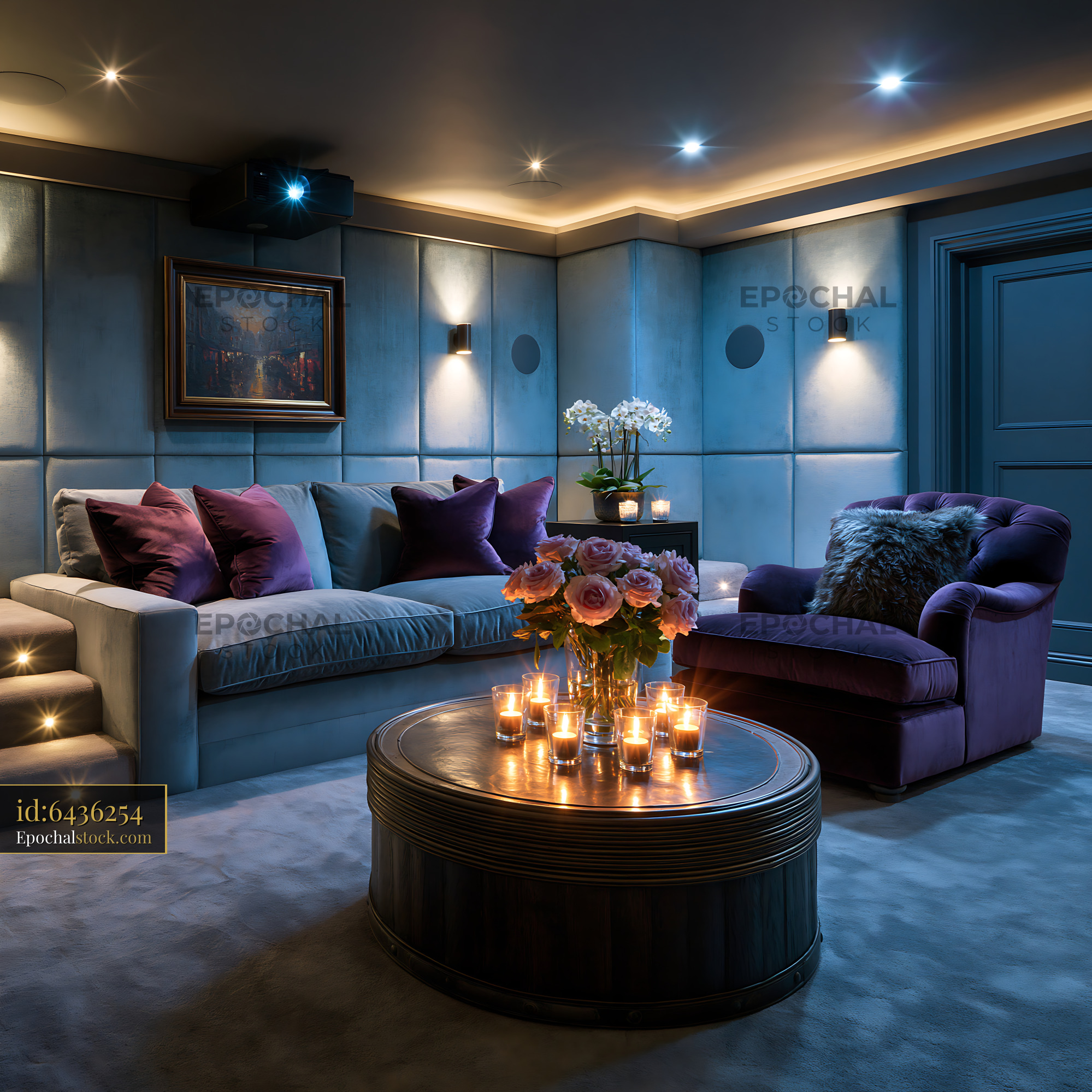 Watermarked full-resolution preview of Cozy living room with candles and flowers for evening relaxation