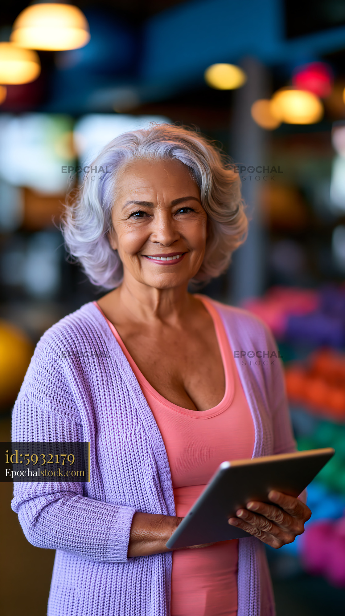 Watermarked full-resolution preview of Smiling senior woman holding tablet in colorful background