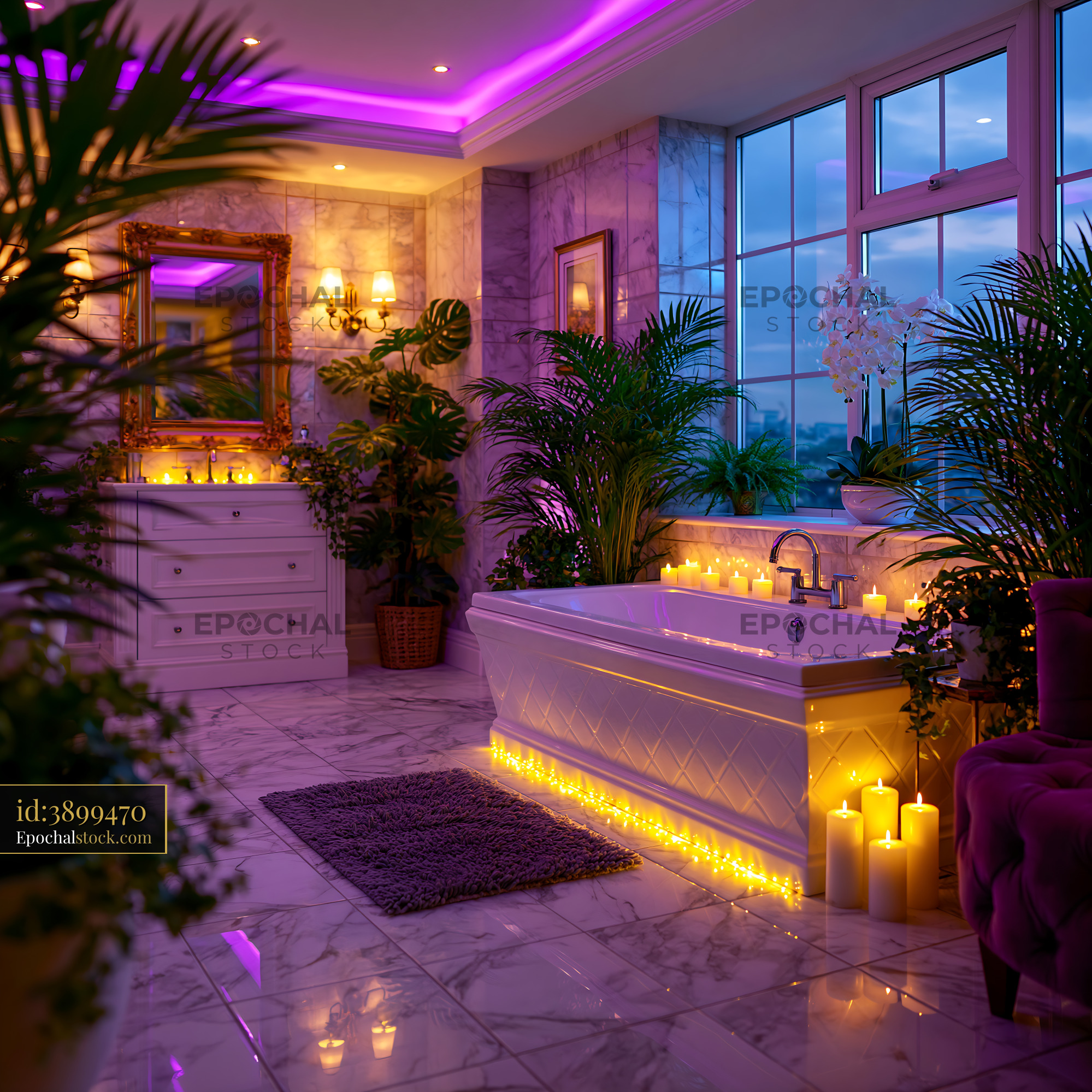 Watermarked full-resolution preview of Relaxing bathroom setting with candles and plants