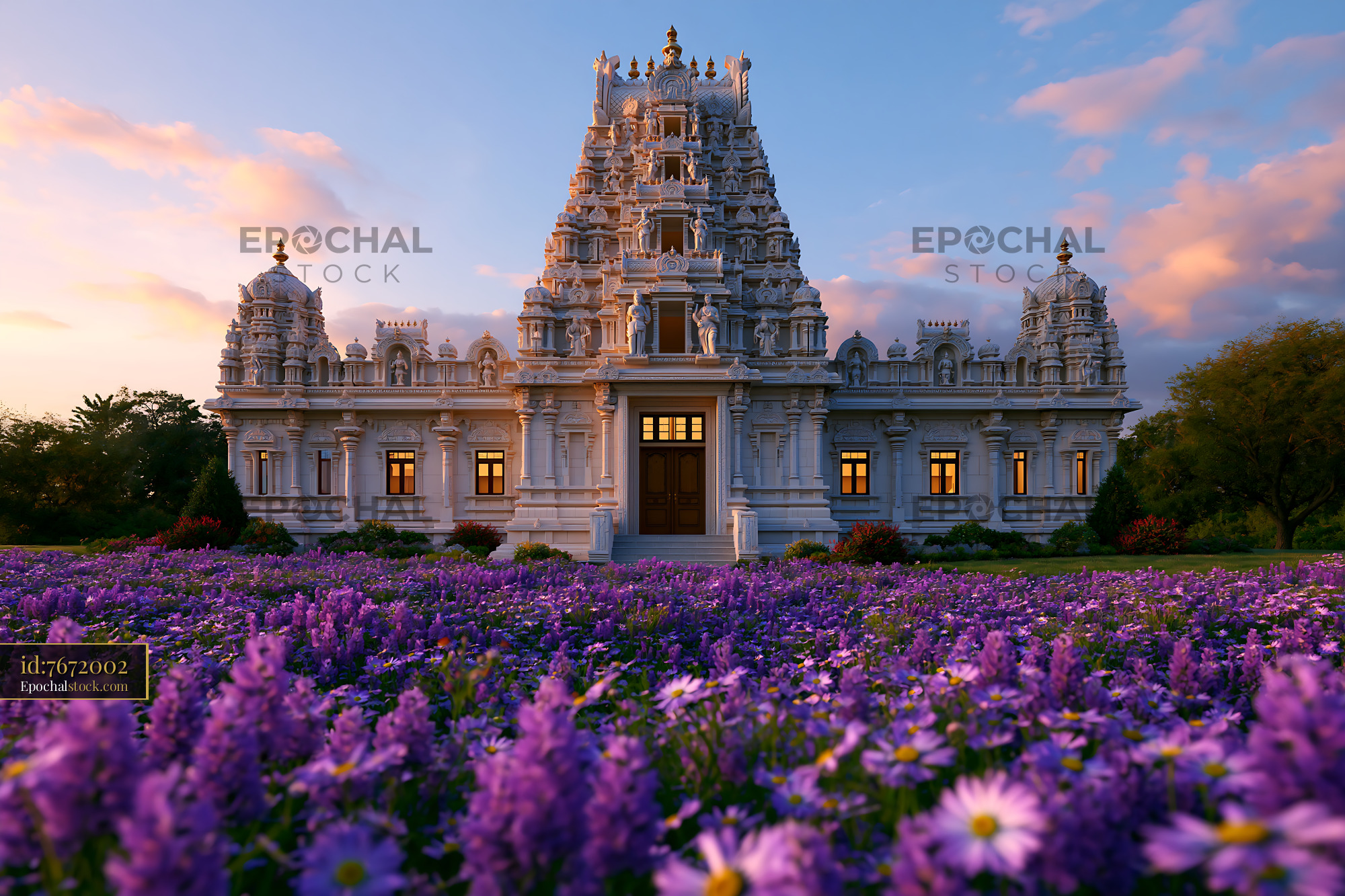 Watermarked full-resolution preview of Temple surrounded by purple flowers at sunset