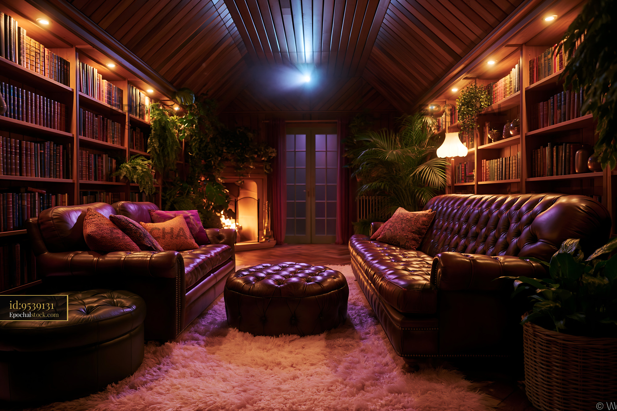 Watermarked full-resolution preview of Cozy reading nook with leather sofas and bookshelves