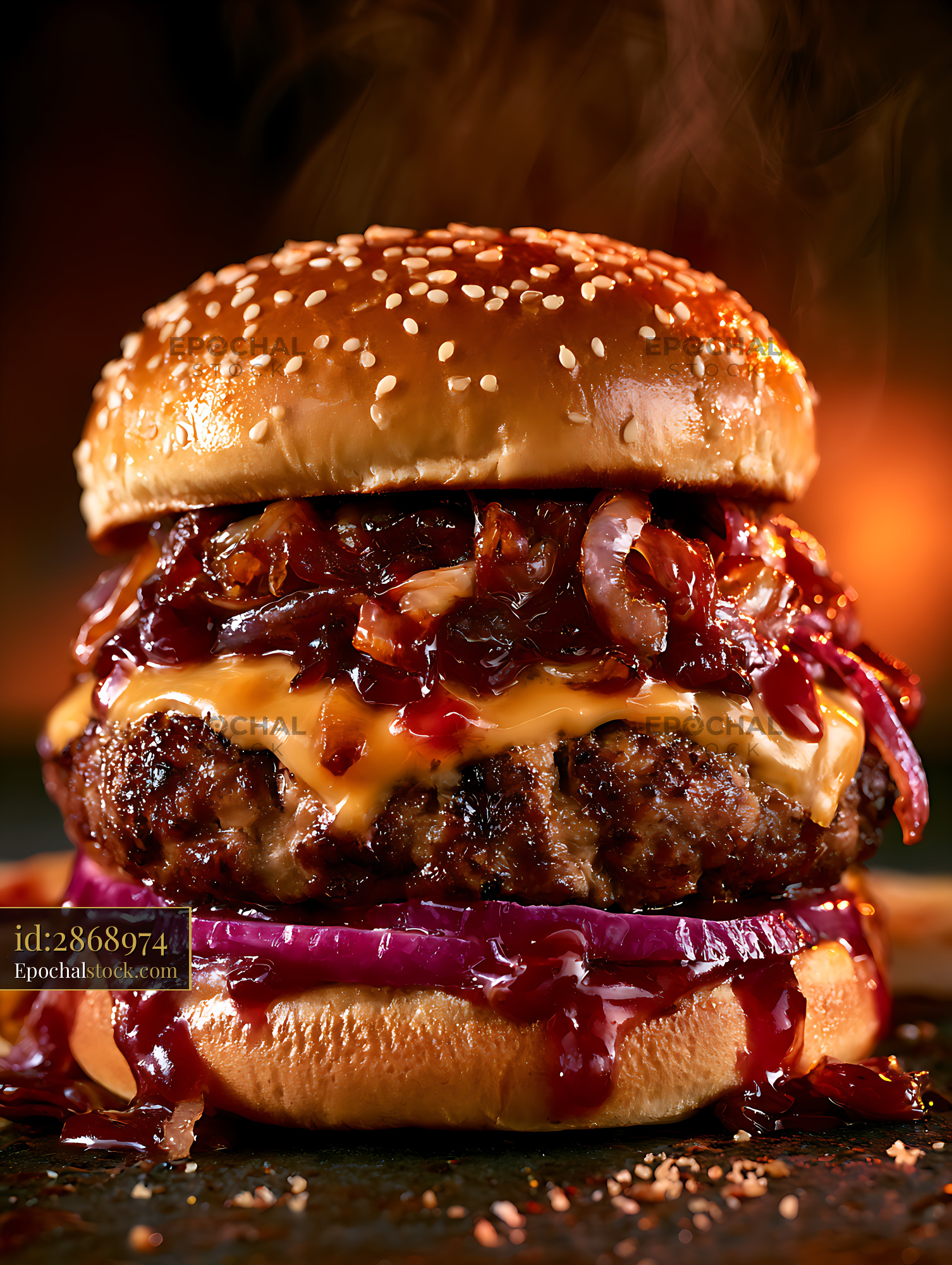 Watermarked full-resolution preview of Juicy burger stacked with cheese, onion, and barbecue sauce