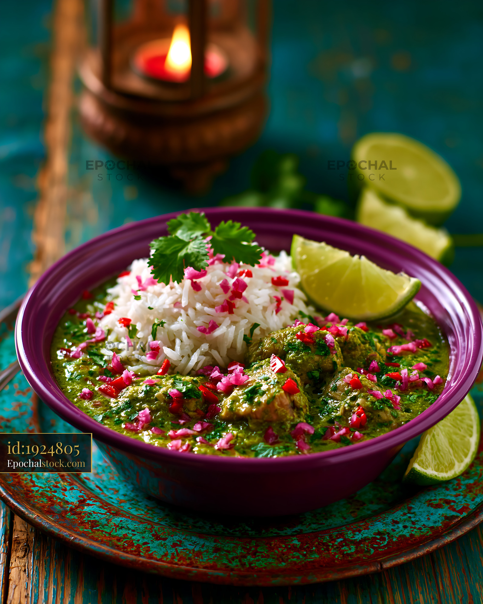 Watermarked full-resolution preview of Colorful Green Curry Bowl with Rice and Lime