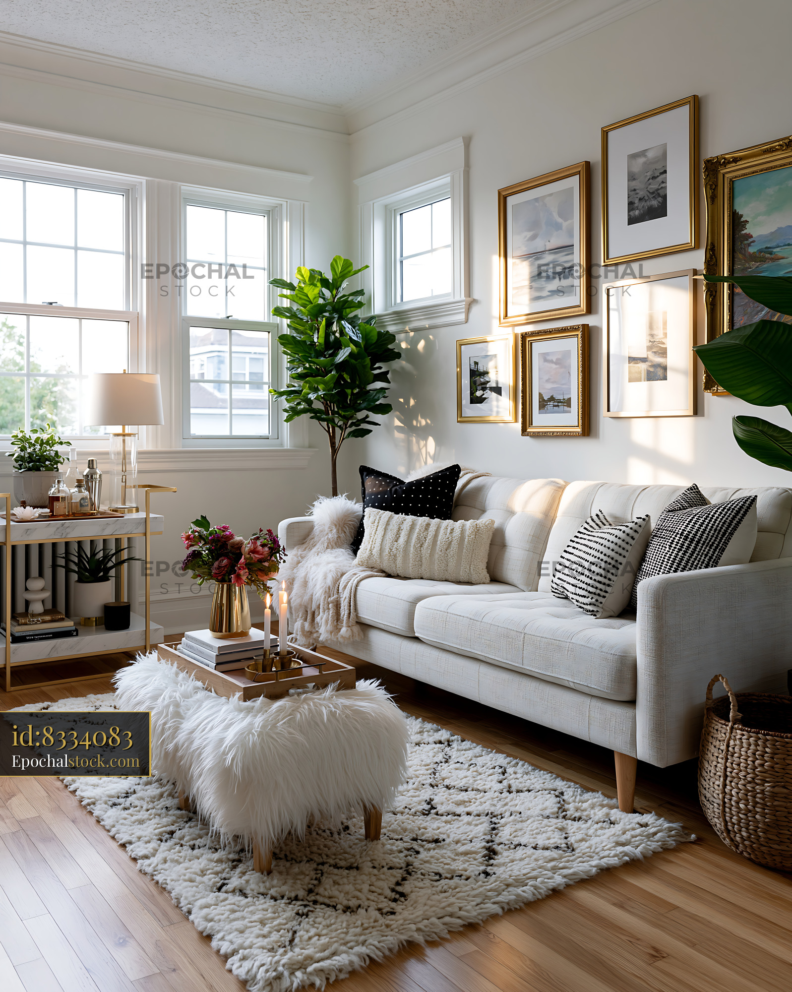 Watermarked full-resolution preview of Cozy living room with plants, art, and soft furnishings