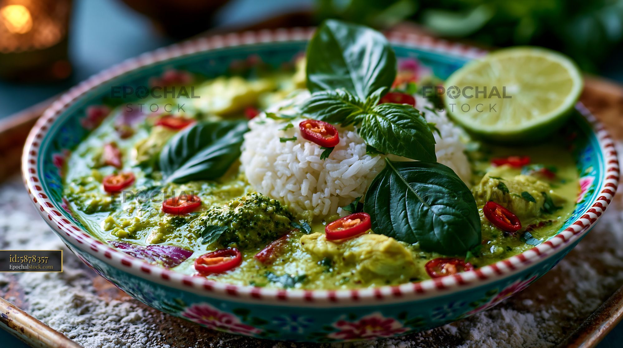 Watermarked full-resolution preview of Thai green curry with chicken and rice on a colorful plate