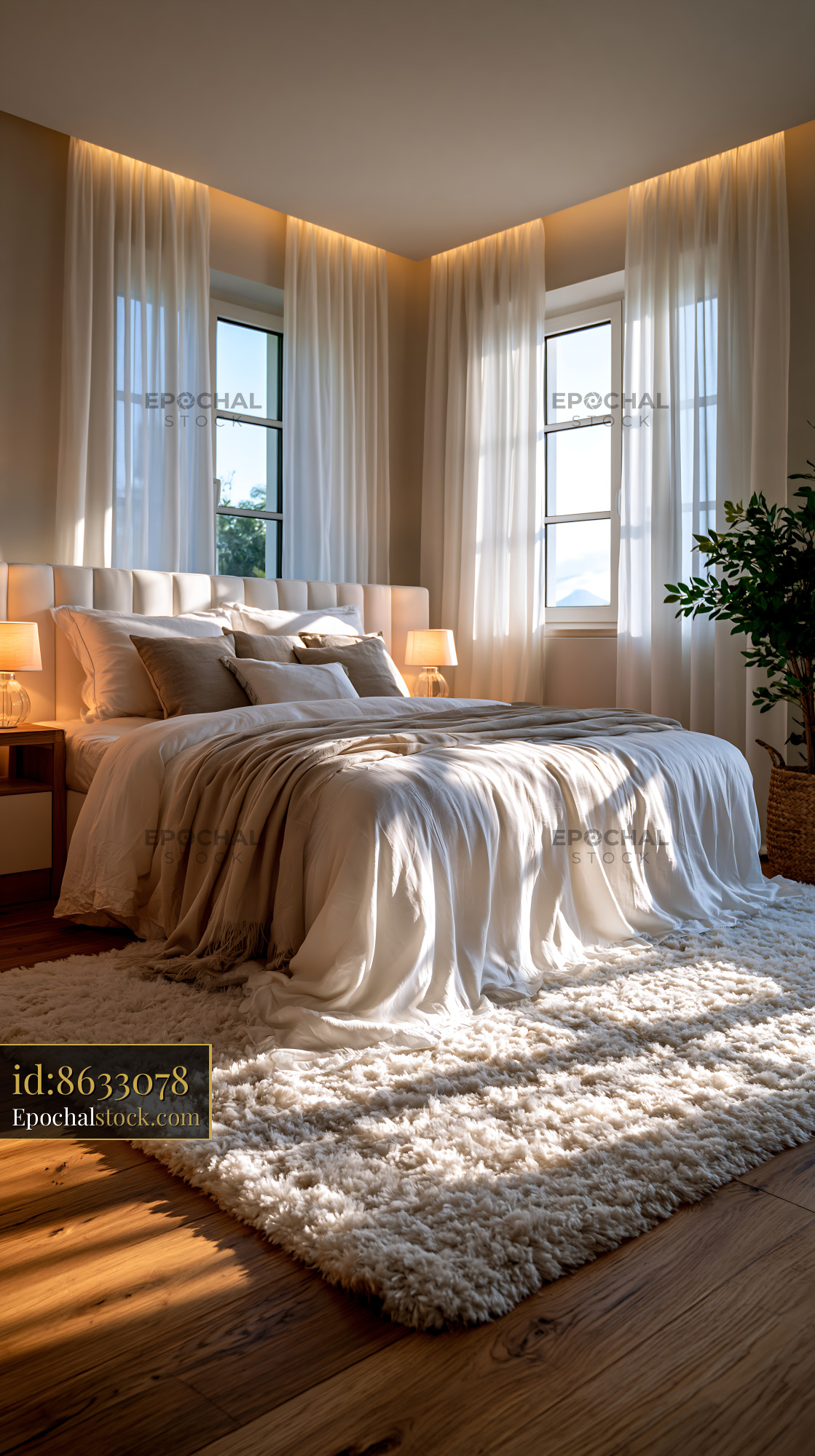 Watermarked full-resolution preview of Light-filled bedroom with large windows and soft decor