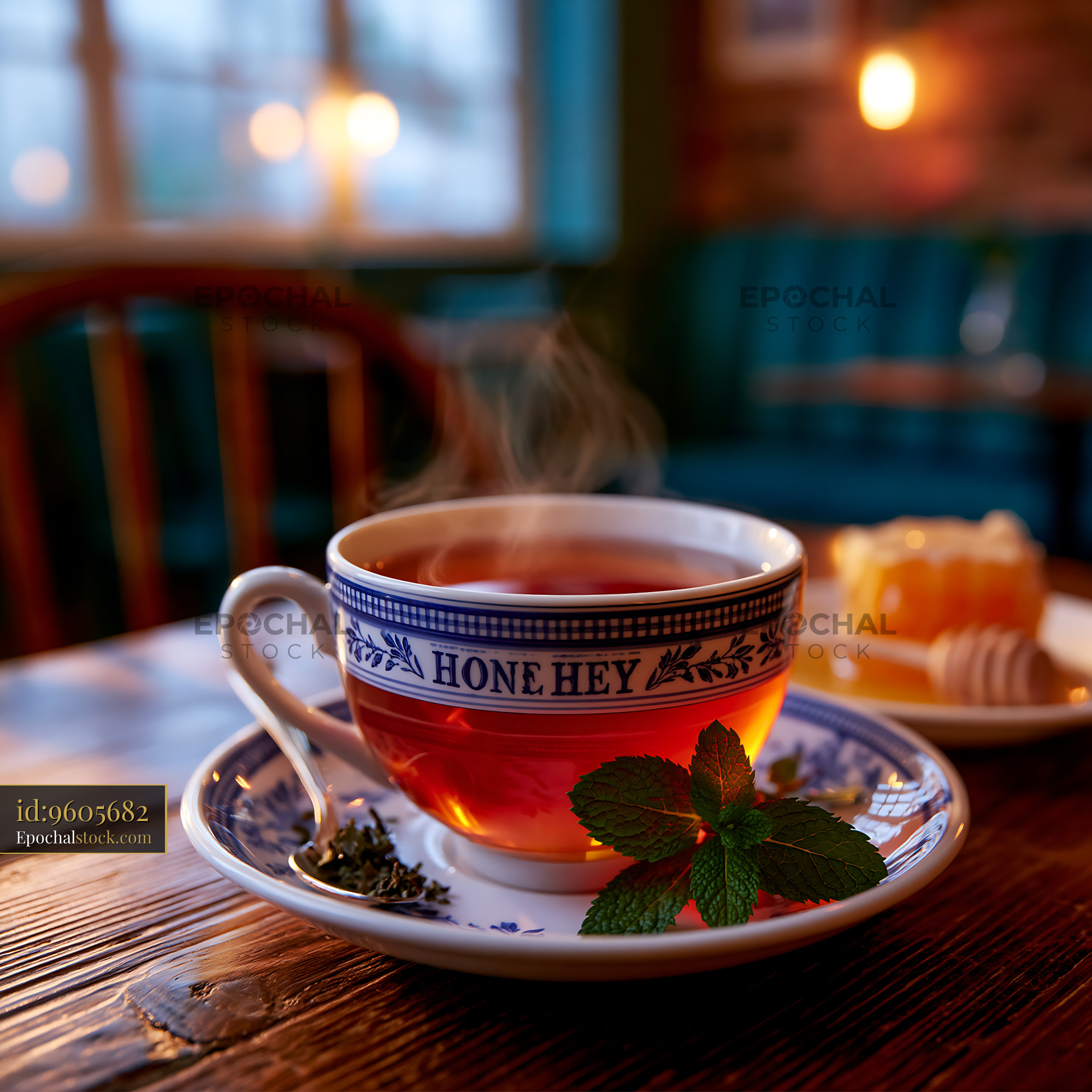 Watermarked full-resolution preview of Warm tea cup with steam and mint on wooden table