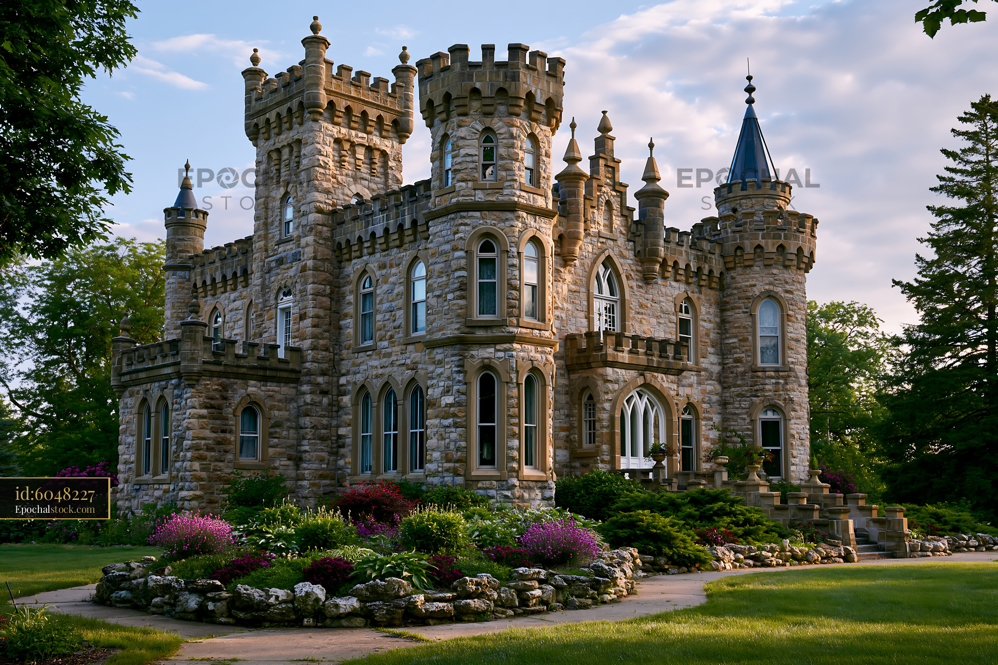 Watermarked full-resolution preview of Historic stone castle surrounded by gardens during daylight