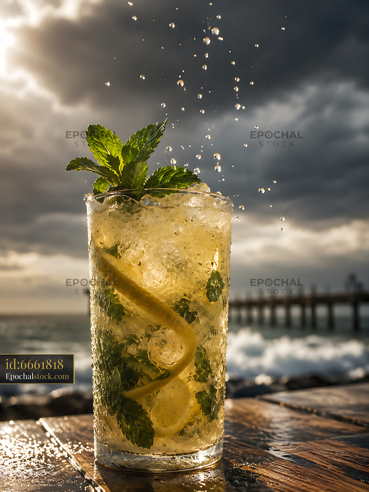 Mojito Cocktail With Mint Leaves Splashing at the Beach Pier - stock photo