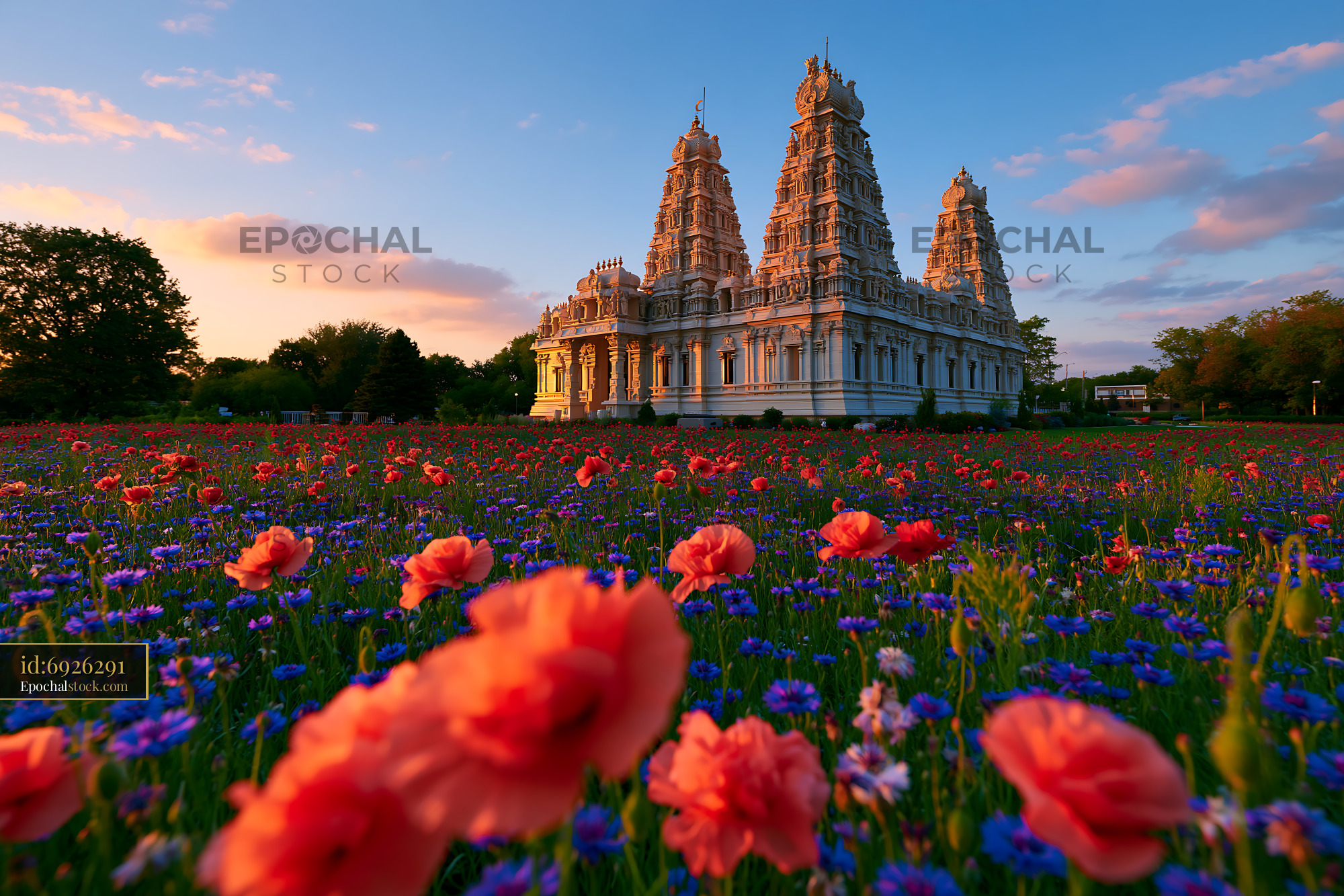 Watermarked full-resolution preview of Colorful flowers in front of an ornate temple at sunset