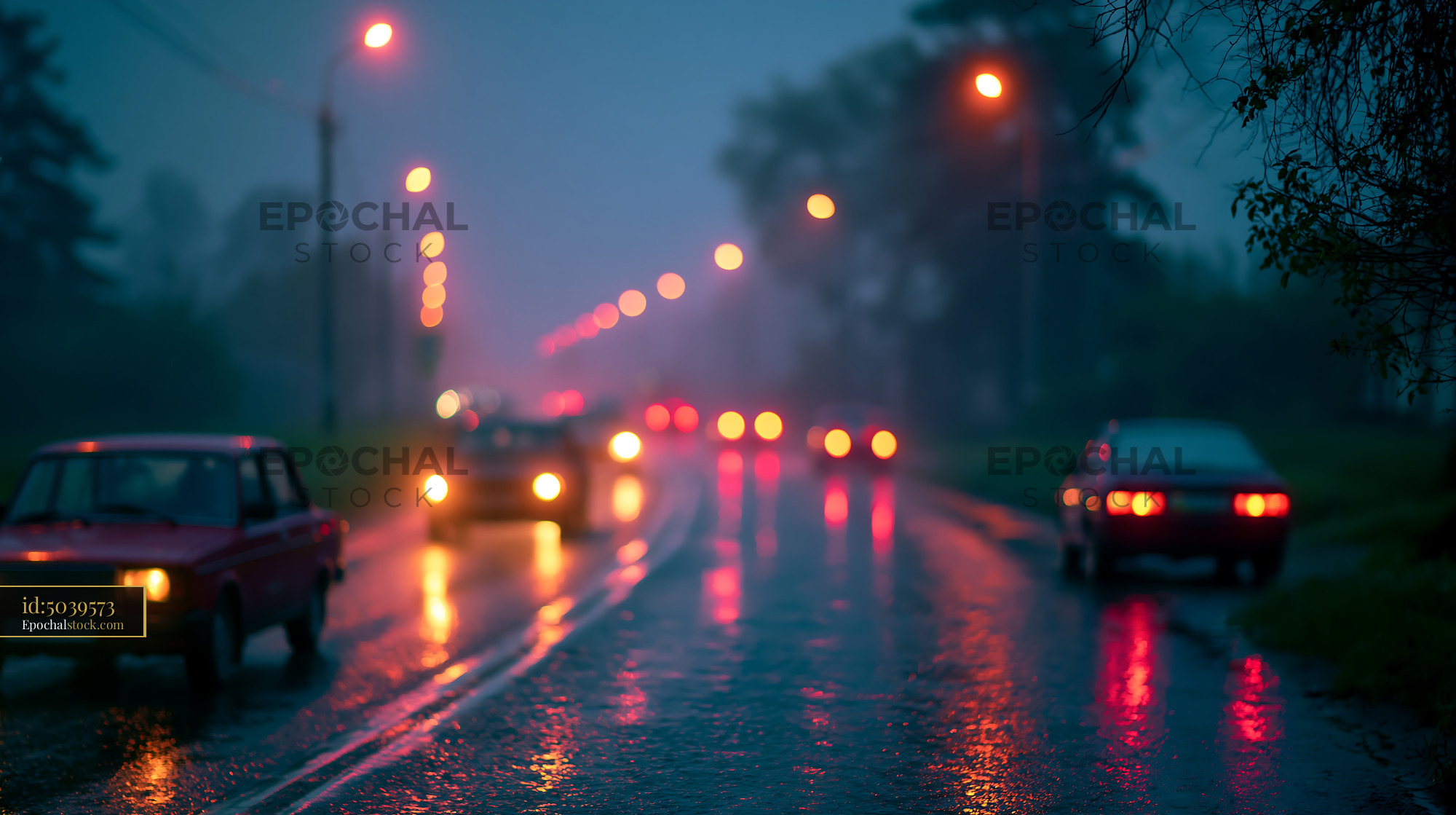 Cars Driving on a Wet Road During a Rainy Night With Streetlights - stock photo
