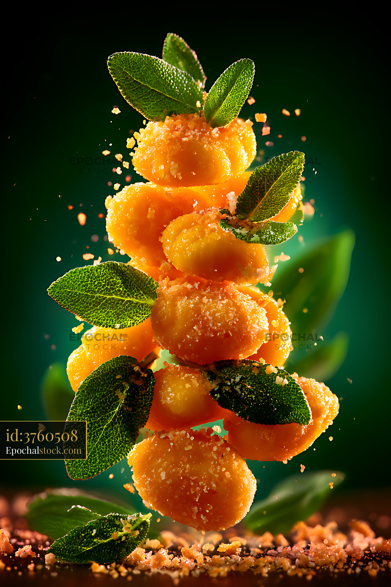 Watermarked full-resolution preview of Orange glazed dessert with leaves and scattered crumbs