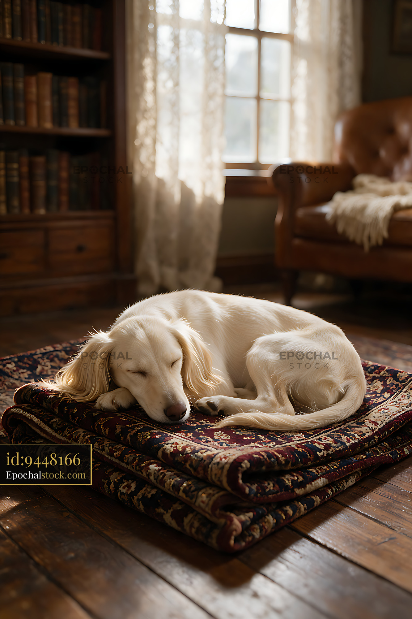 Watermarked full-resolution preview of Long-haired puppy sleeping on a cushion in warm window light