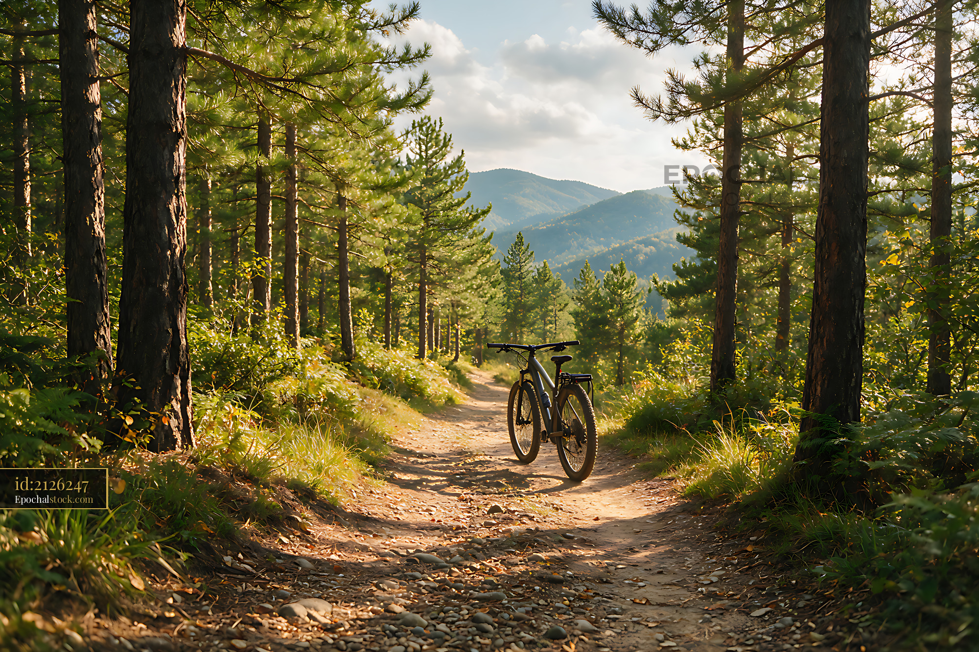 Watermarked full-resolution preview of Mountain Bike Resting on Forest Mountain Trail