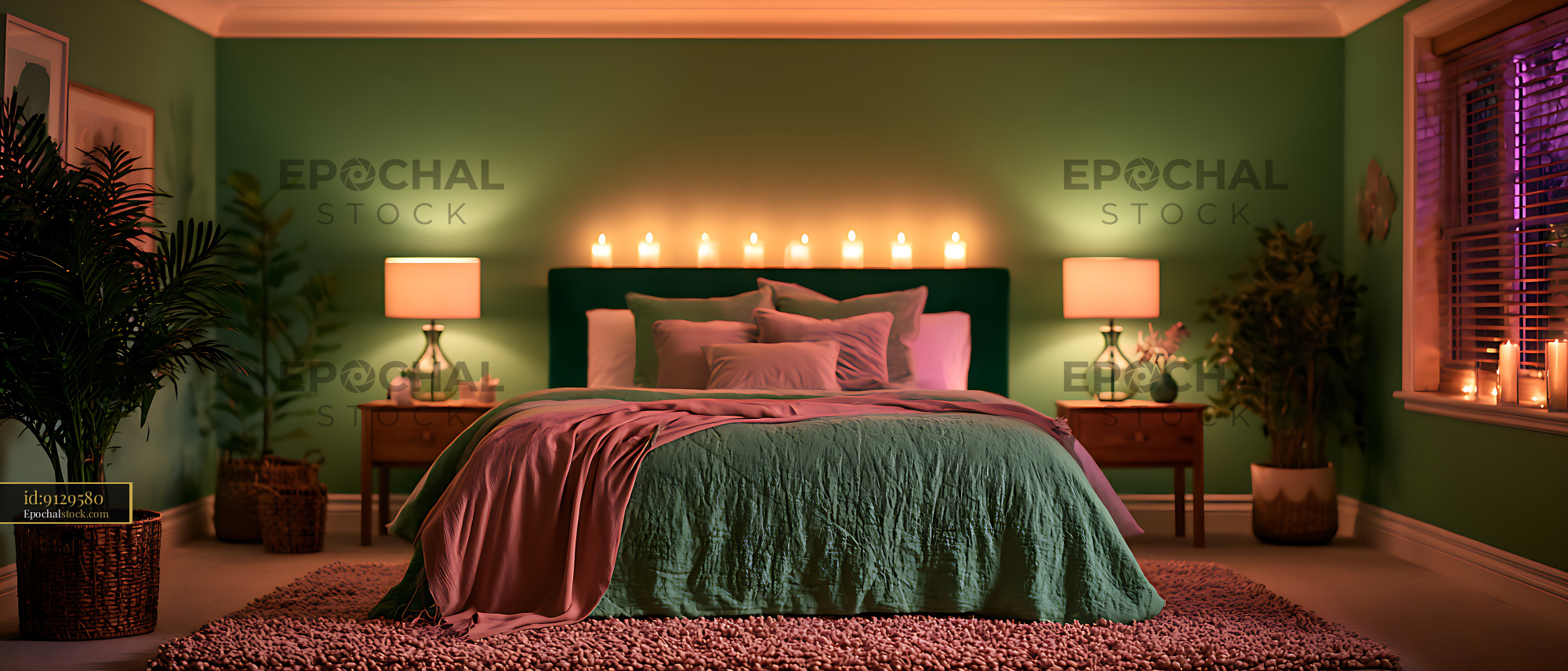Watermarked full-resolution preview of Warmly decorated bedroom with candles and indoor plants