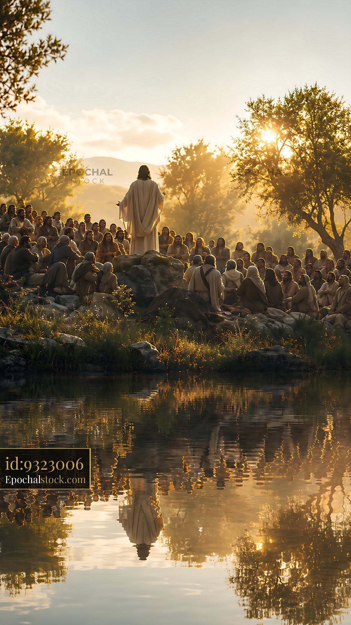 Watermarked full-resolution preview of Crowd listening to a speaker by a lake at sunset