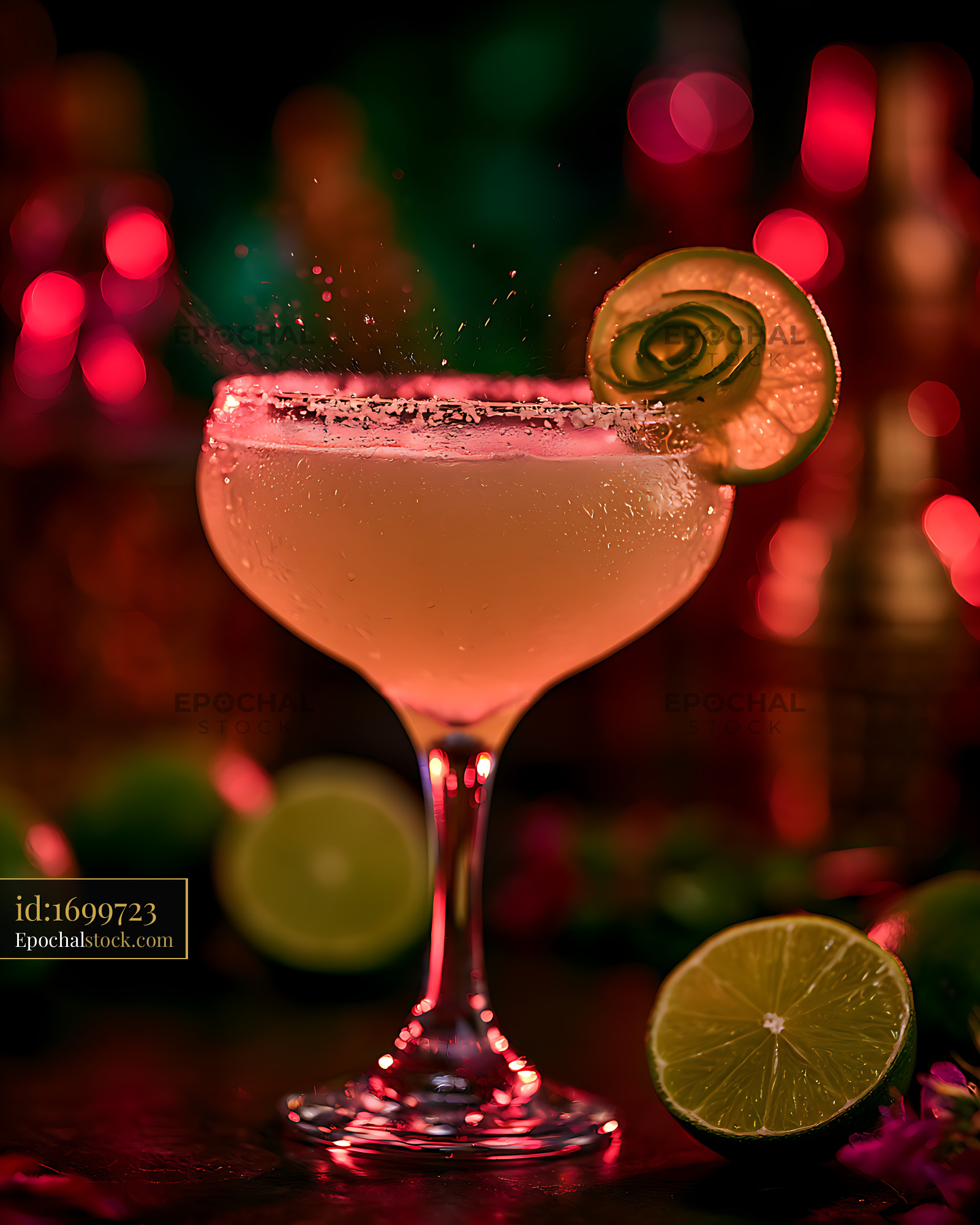 Watermarked full-resolution preview of Pink cocktail garnished with lime against colorful bokeh