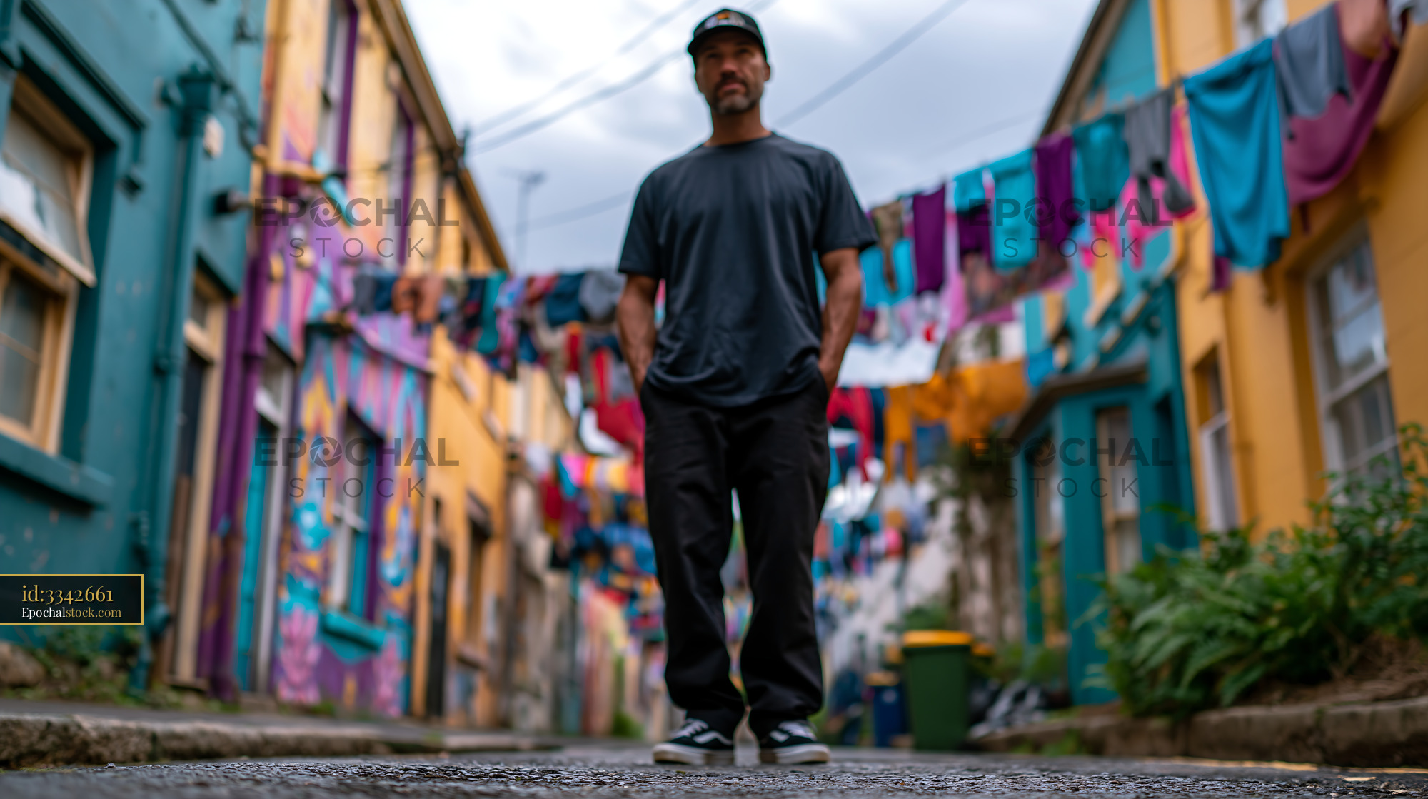 Watermarked full-resolution preview of Man stands in a colorful alley with clothes hanging above