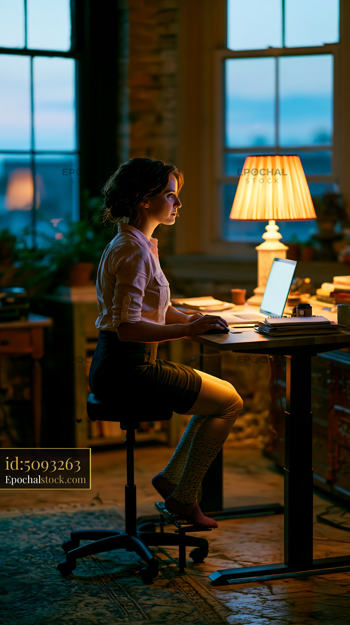 Watermarked full-resolution preview of Evening work session at home with laptop and warm lighting