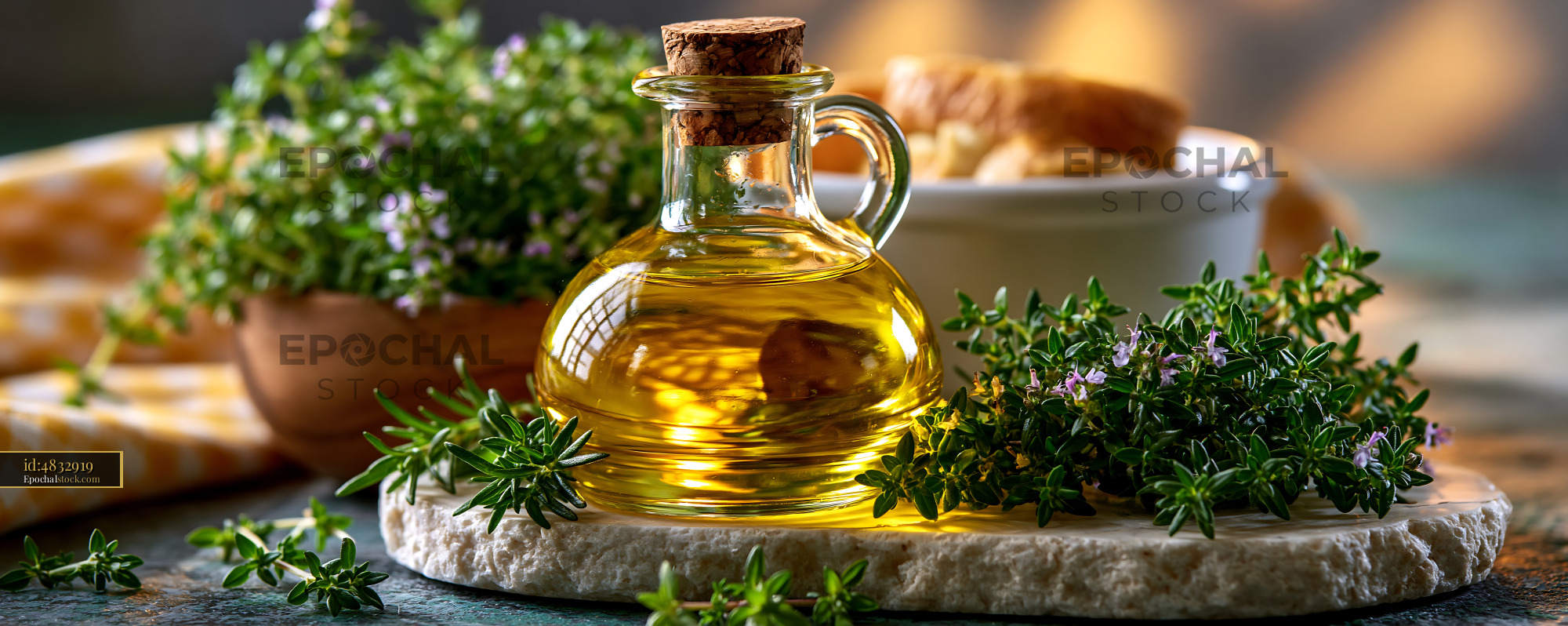 Watermarked full-resolution preview of Herbs and oil arranged on a table with bread and a bowl