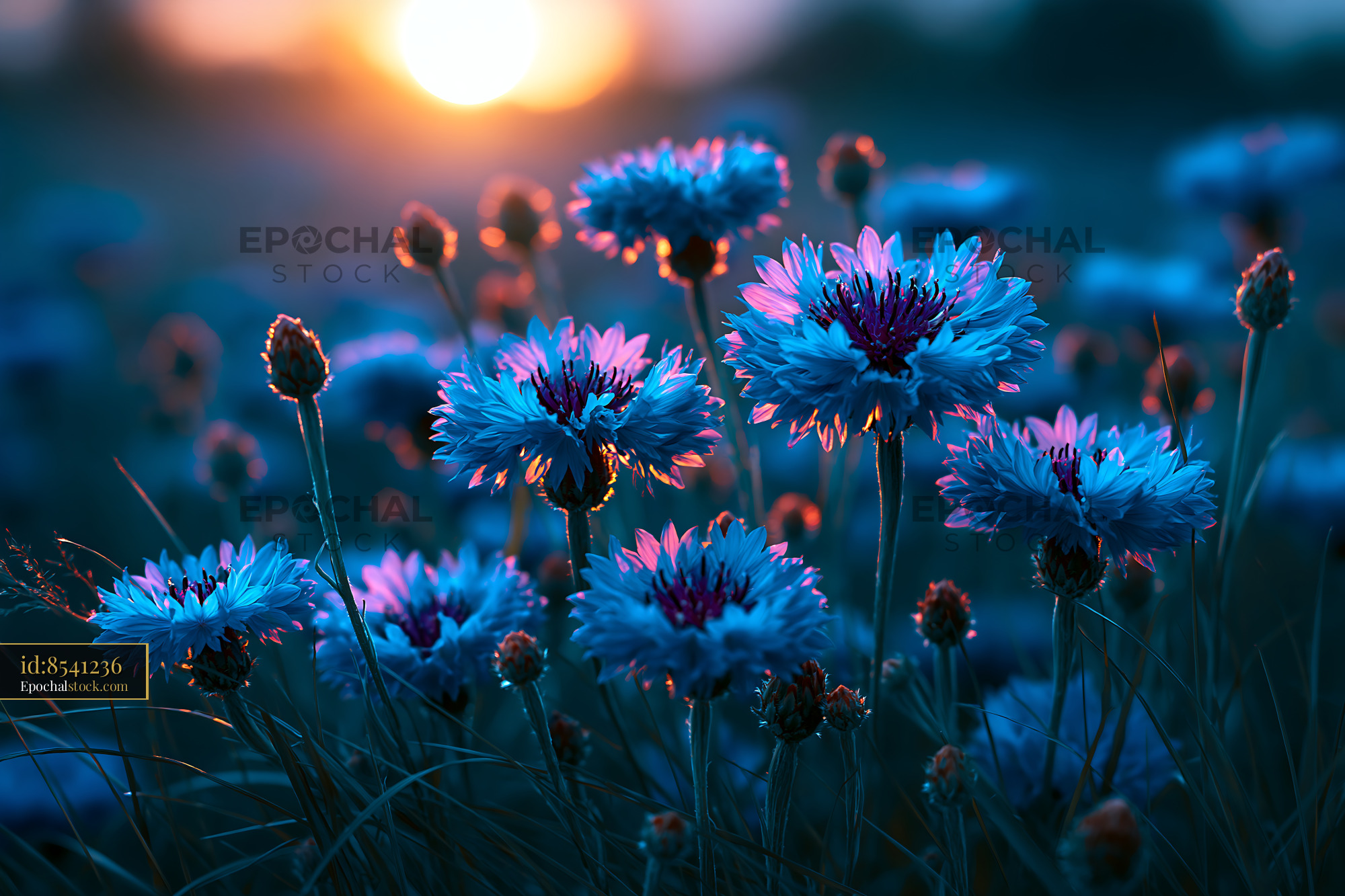 Watermarked full-resolution preview of Flowers illuminated by sunset in a field