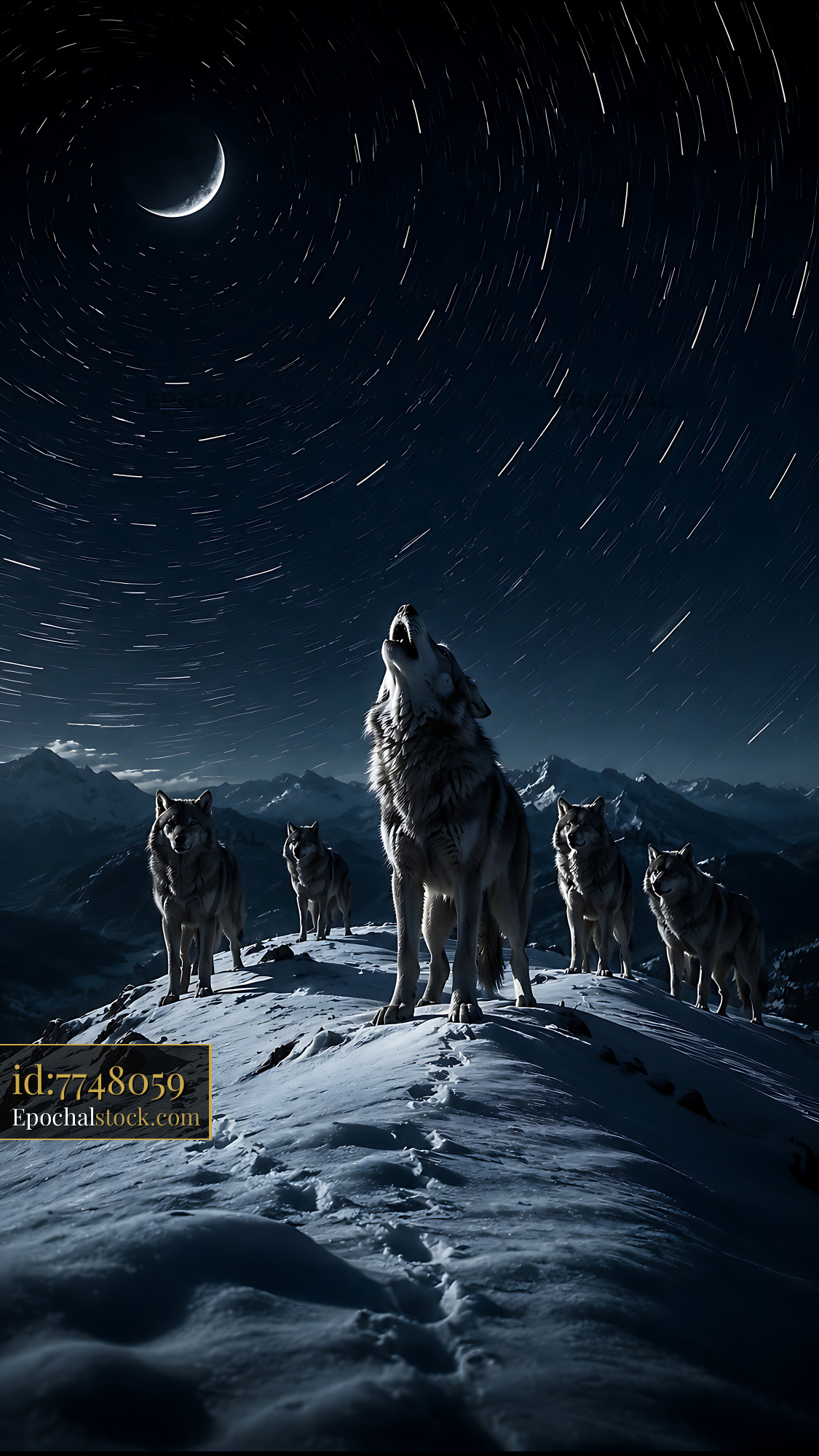 Wolves Howl Under the Moonlight on a Snowy Mountain Peak - stock photo