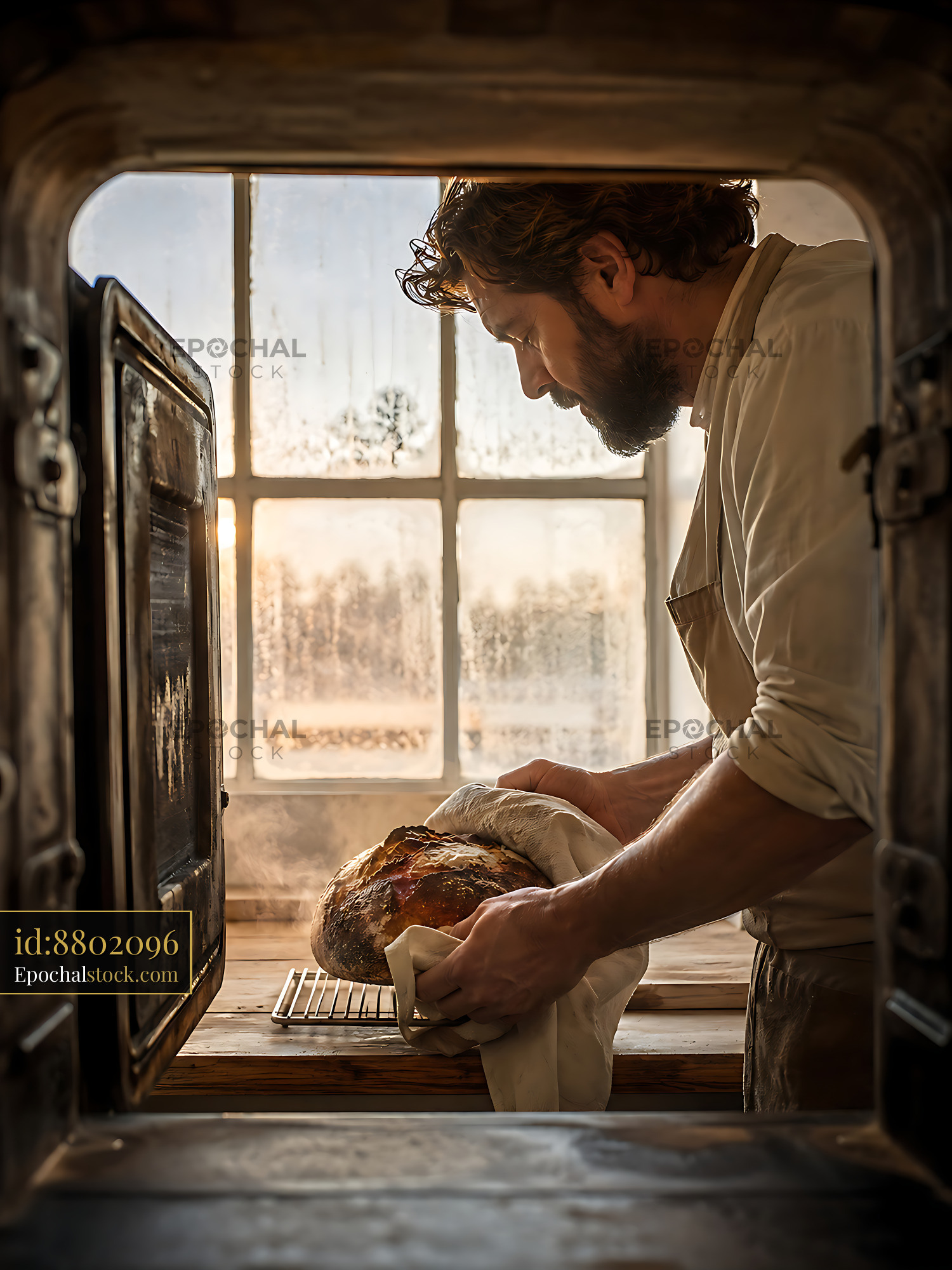 Watermarked full-resolution preview of Baker removing fresh bread from the oven