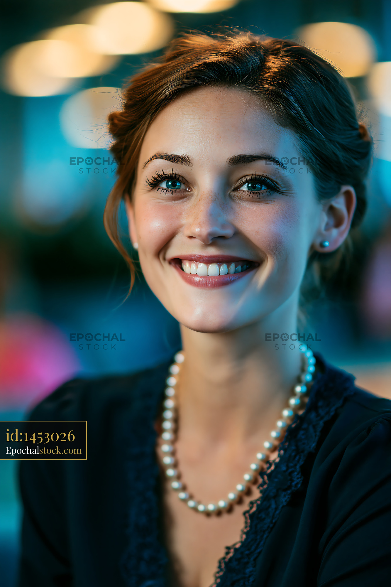 Watermarked full-resolution preview of Smiling woman with pearls in a social setting