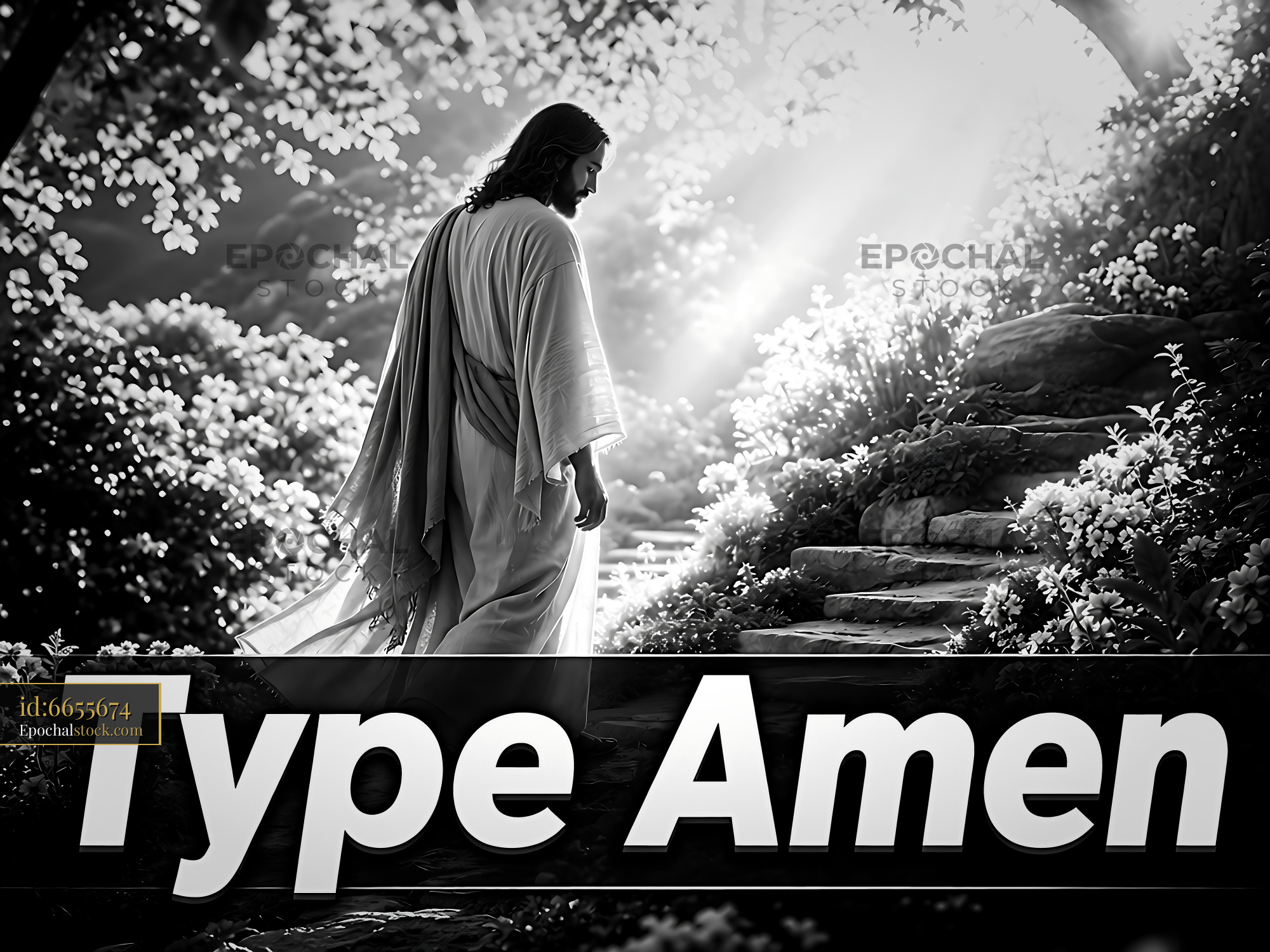Jesus Walking Through a Garden Surrounded by Flowers and Trees - stock photo