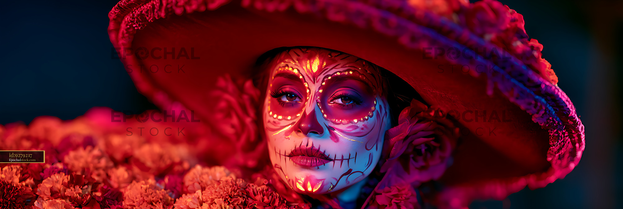 Watermarked full-resolution preview of Colorful sugar skull makeup portrait with sombrero and flowers