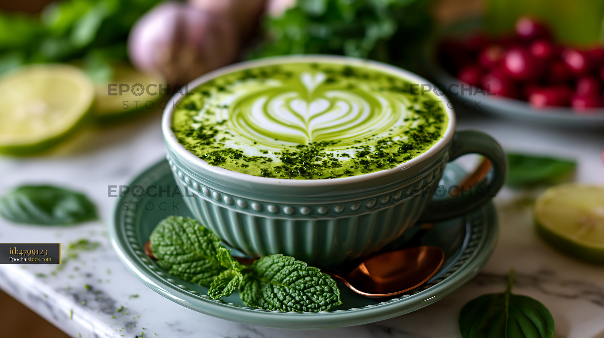 Watermarked full-resolution preview of Green tea latte with heart design and fresh ingredients on table