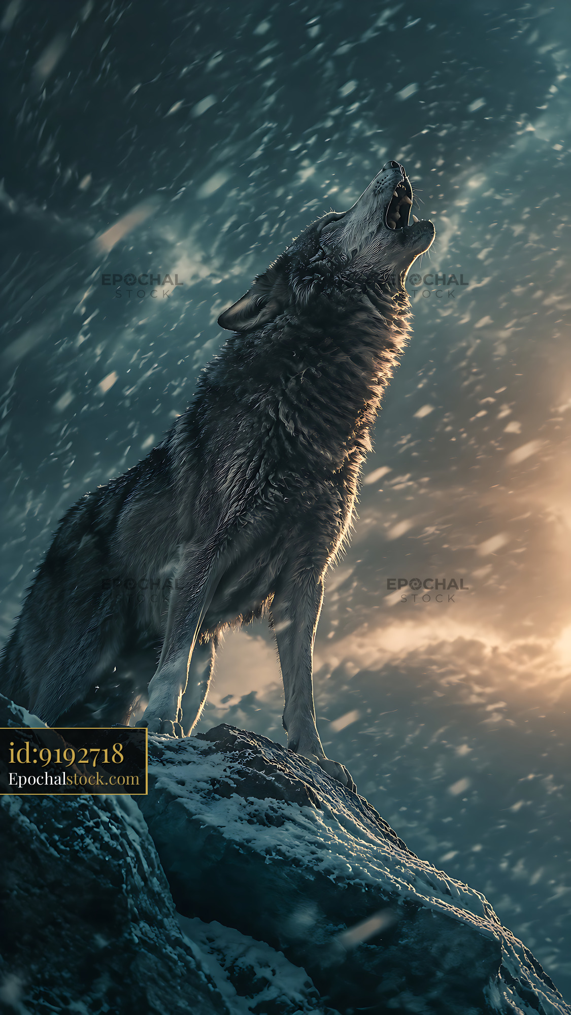 Watermarked full-resolution preview of Wolf howling on a rocky surface during a snowstorm