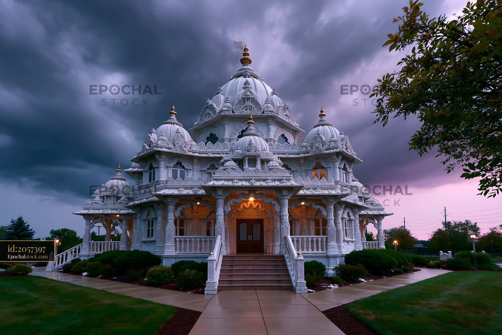 Watermarked full-resolution preview of Cloudy sky over a white temple structure with detailed carvings